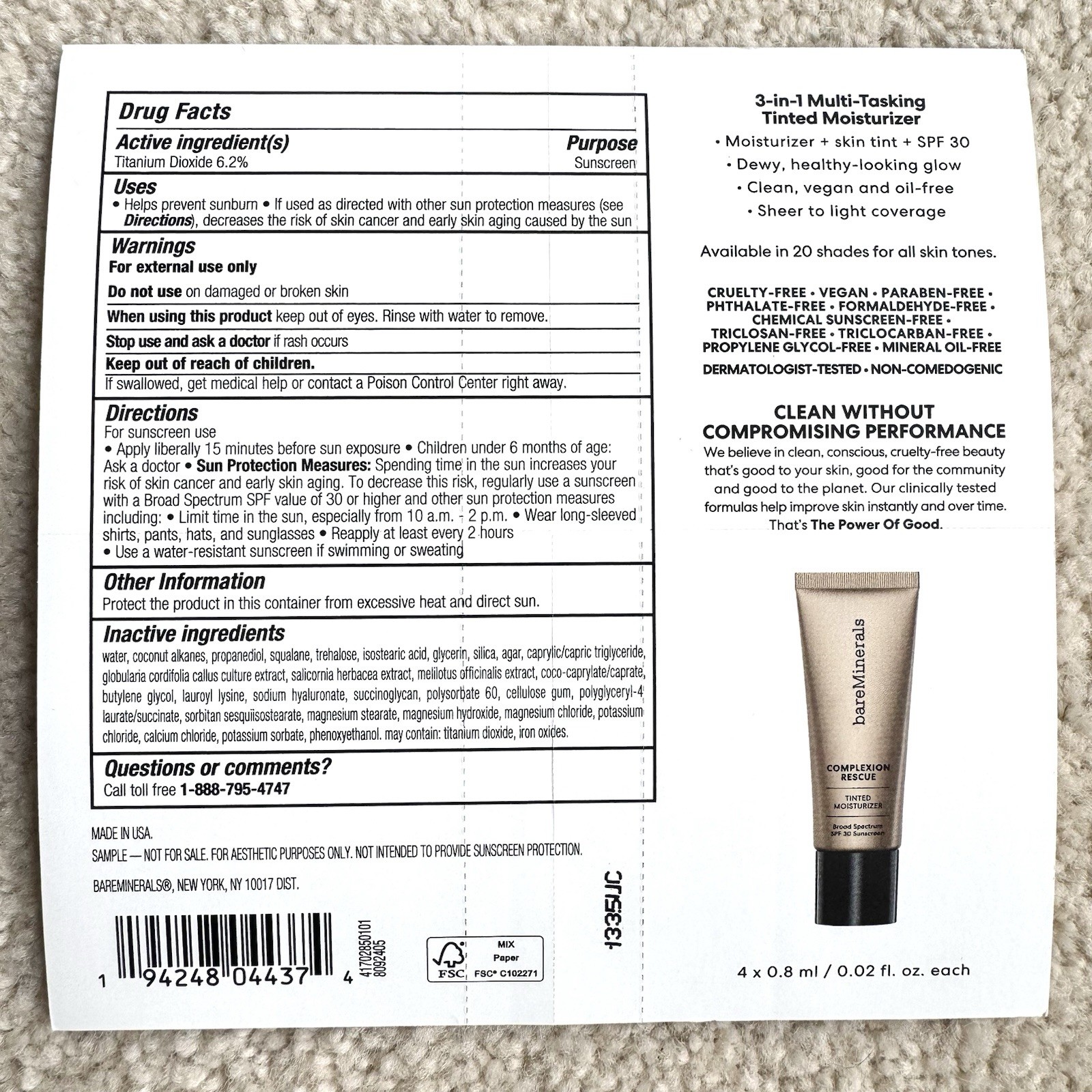 bareMinerals Complexion Rescue Tinted Moisturizer SAMPLE Vanilla 02 Natural 05