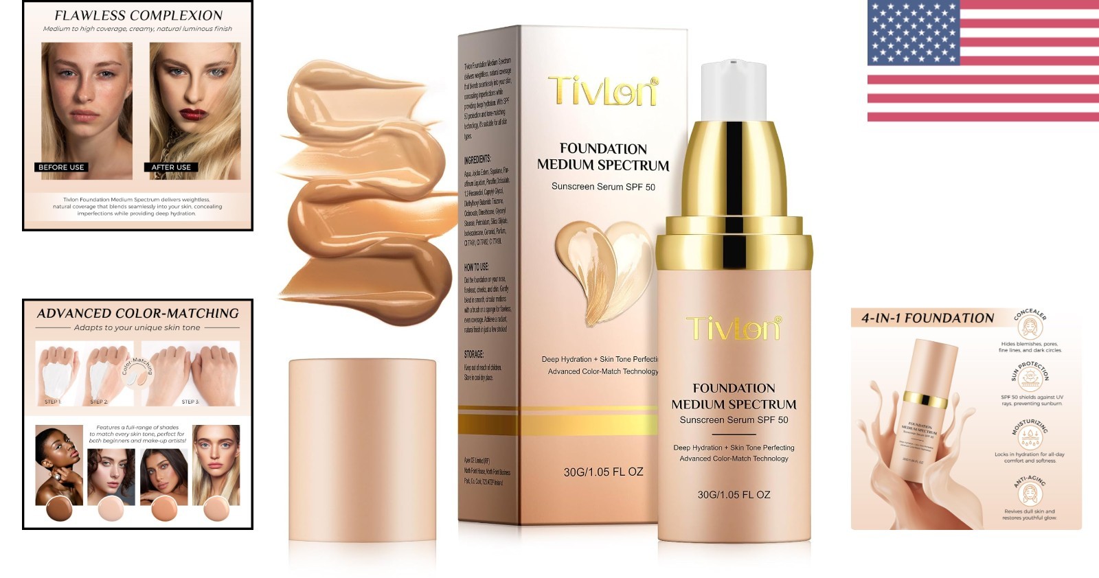 4-in-1 Color Changing Foundation SPF 50+ – Hydrating & Waterproof Formula