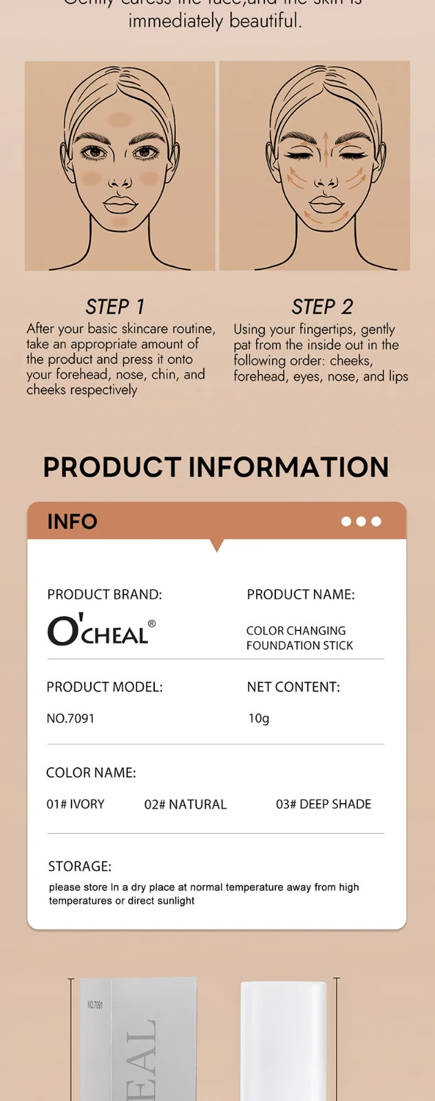 O’cheal Temperature Changing Foundation Stick Matte Full Coverage Cream Brush