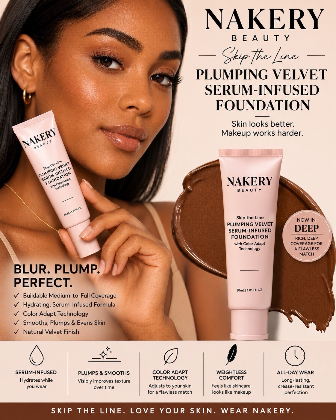 Nakery Beauty Skip the Line Plumping Velvet Serum Foundation (Shade Deep)