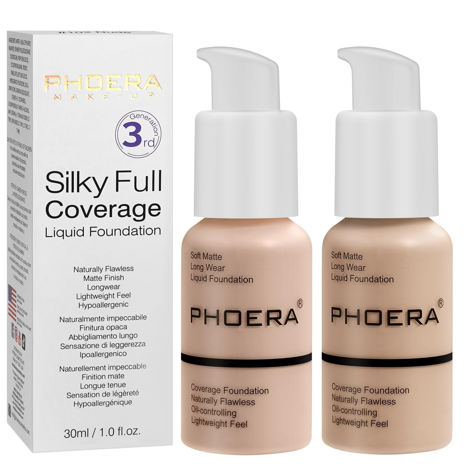 PHOERA Matte Liquid Foundation Full Coverage Concealer 30ml Oil Control