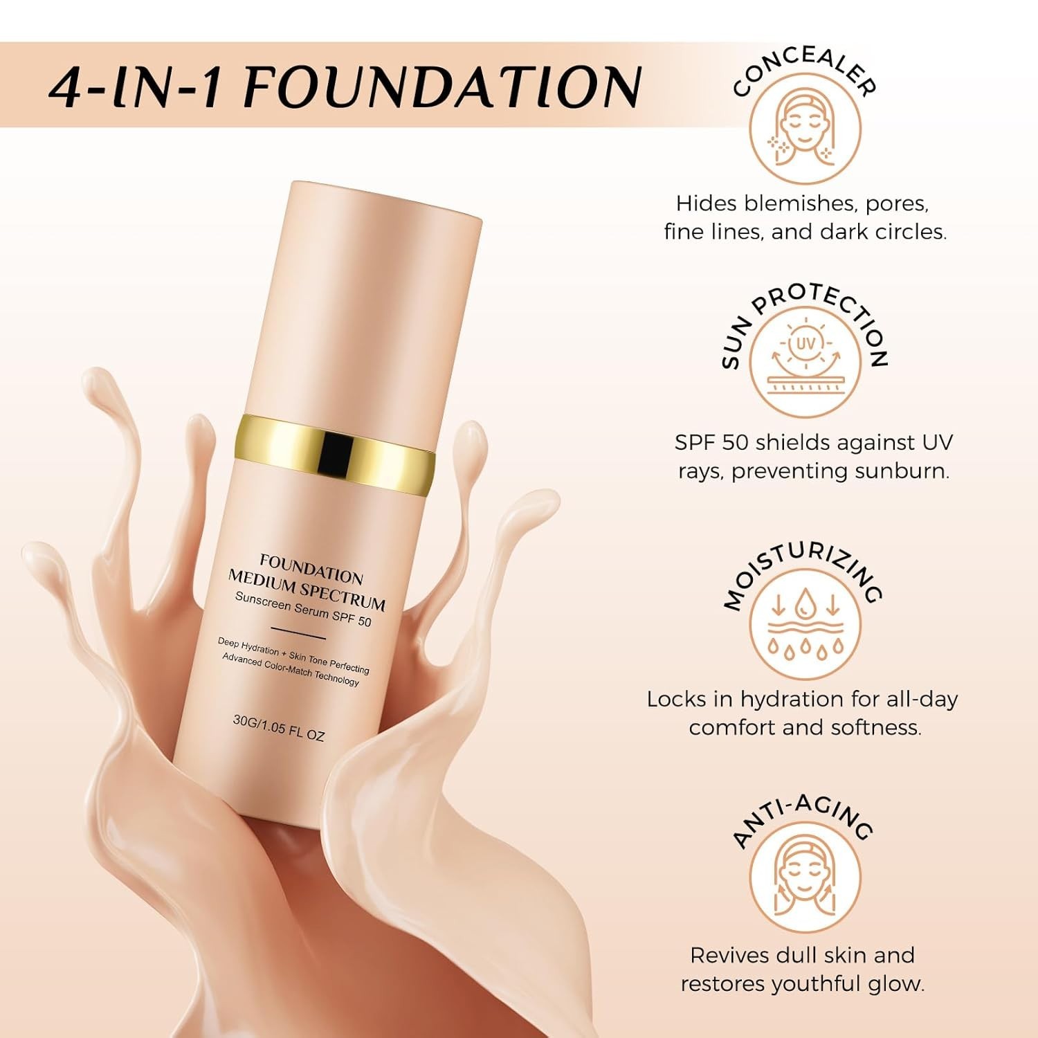 Generic Foundation 4 in 1 Medium Spectrum – 1.05 Fl Oz with Sun SPF 50, Conceale