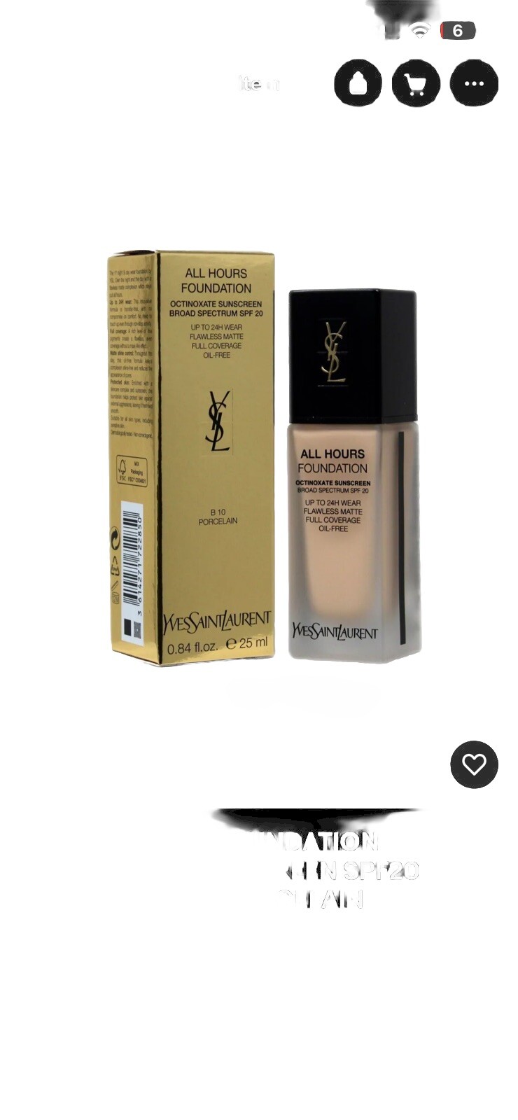 YSL ALL HOURS FOUNDATION OCTINOXATE SUNSCREEN SPF20 OIL-FREE 25ML #B10 PROCELAIN
