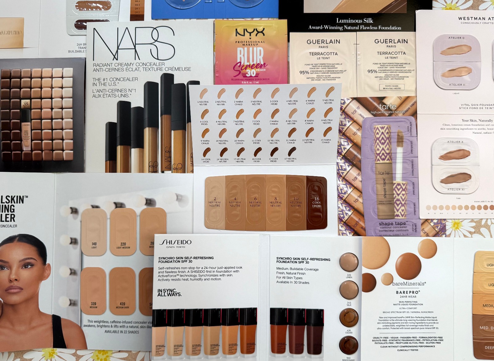 15 FOUNDATION + CONCEALER CARDS SAMPLES ASSORTED OVER 70 SHADES * NEW