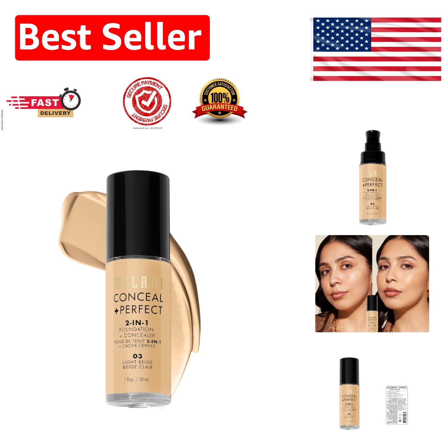 Medium-to-Full Coverage Light Beige Liquid Foundation, Cruelty-Free, 1 Fl. Oz.