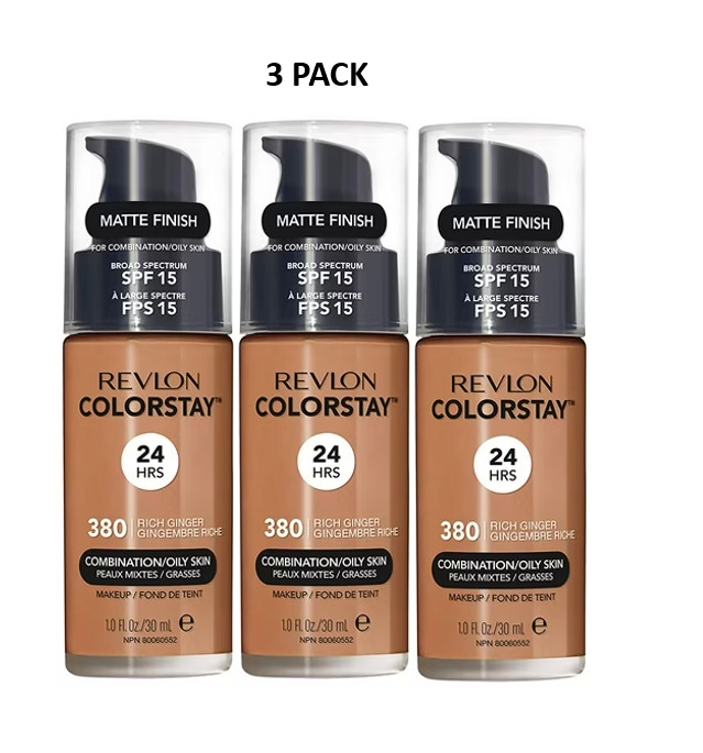 Revlon Colorstay 24HR Foundation COMBINATION/OILY 380 Rich Ginger 1oz Ea 3pcs
