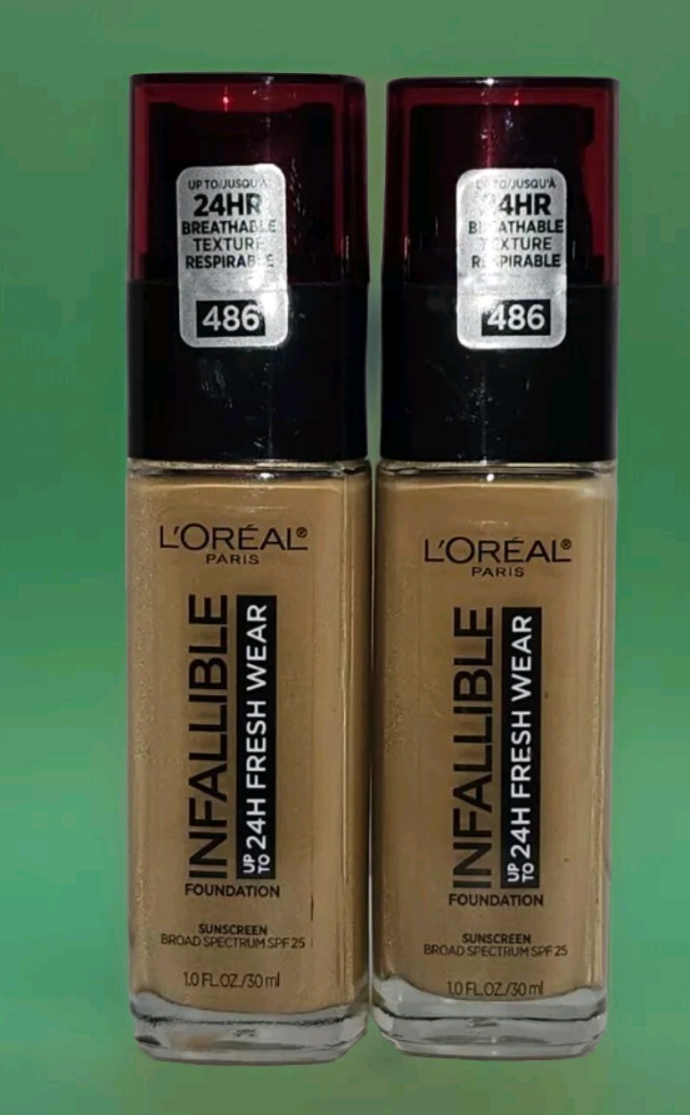 LOREAL Infallible 24hr Fresh Wear Foundation 486 Toasted Almond 2 Bottles Sealed