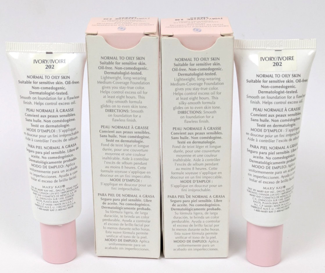 Mary Kay Medium Coverage Liquid Foundation Ivory 202 Pink Cap 2-Pack LOT ~ NEW