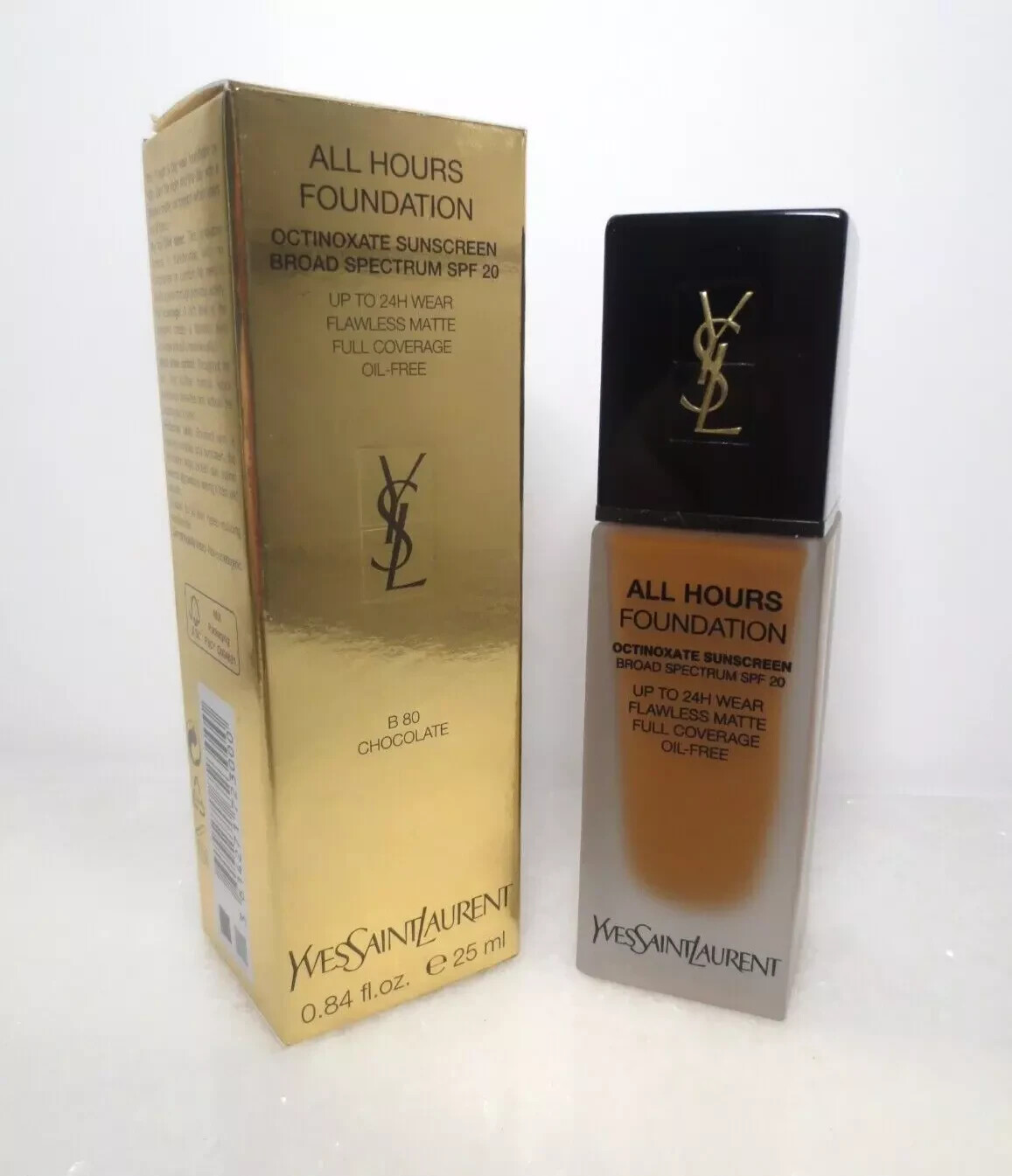 YSL ALL HOURS FOUNDATION SPF 20 FULL COVERAGE MATTE B 80 CHOCOLATE 0.84OZ BOXED