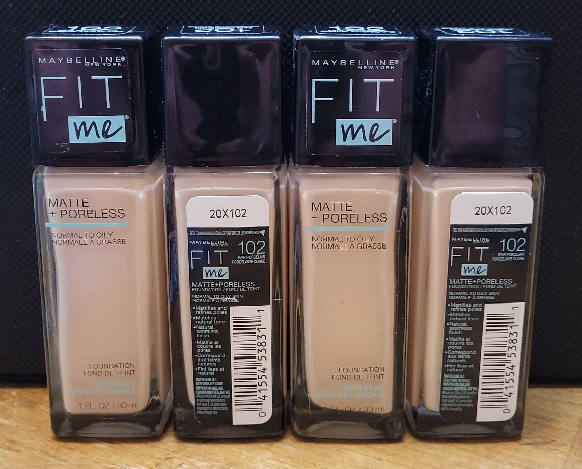 Lot of 4 Maybelline Fit Me Matte + Poreless Foundation 102 Fair Porcelain 1 oz
