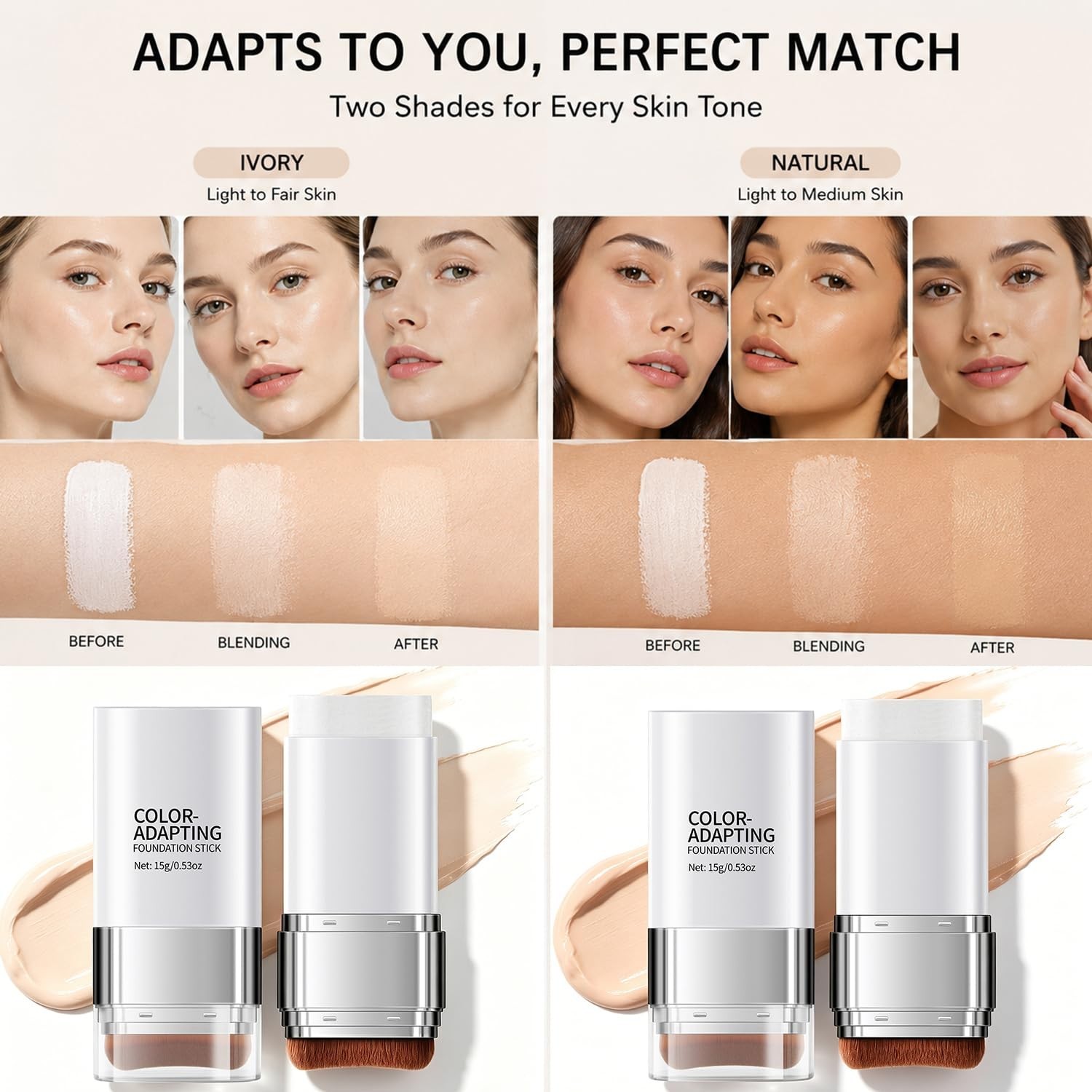 Color-Changing Foundation Stick with Precision Brush – Full Coverage, Waterproof