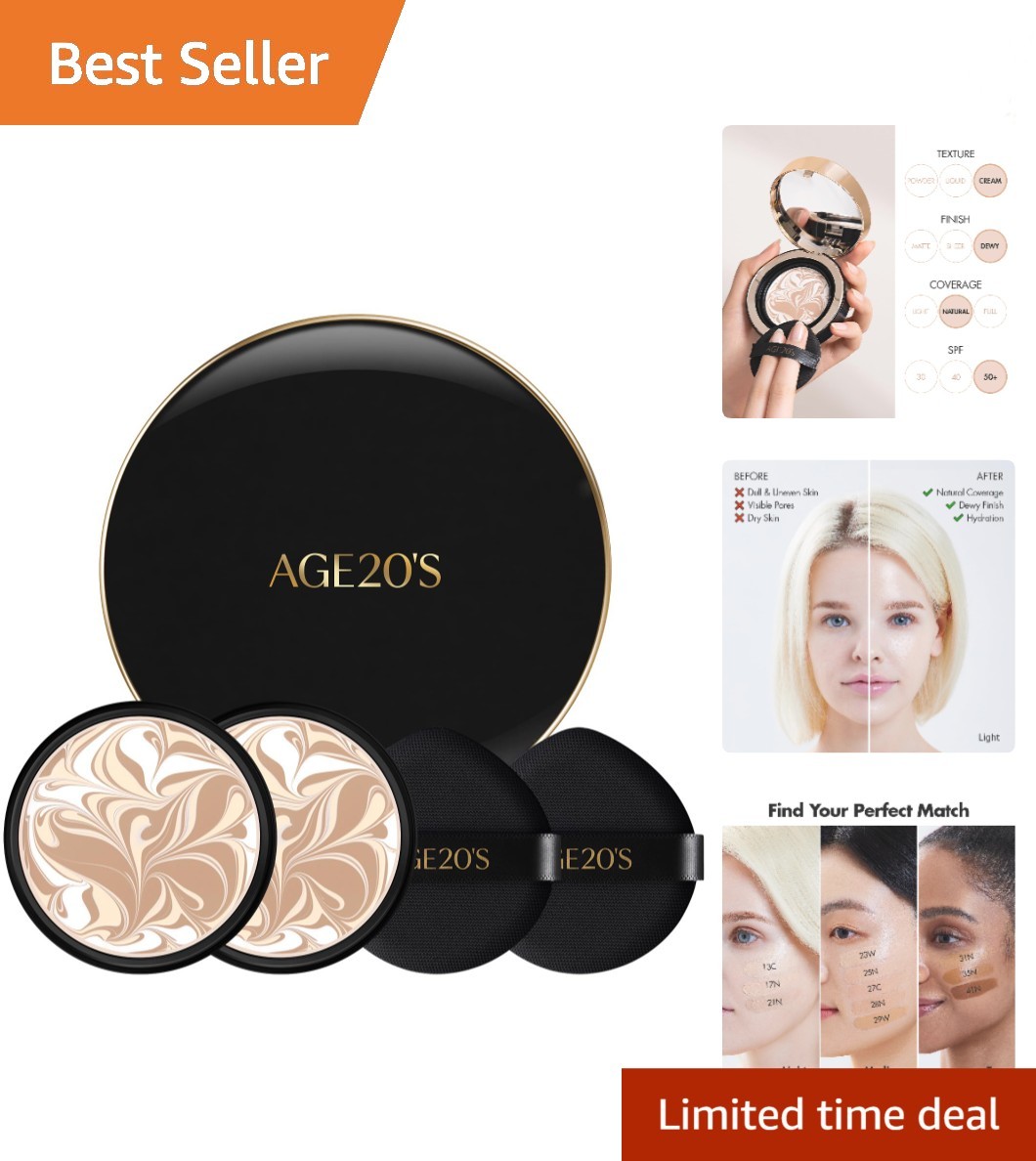 Dewy Finish Cushion Foundation – 21N Vanilla Pack of 2, SPF 50+ Protection