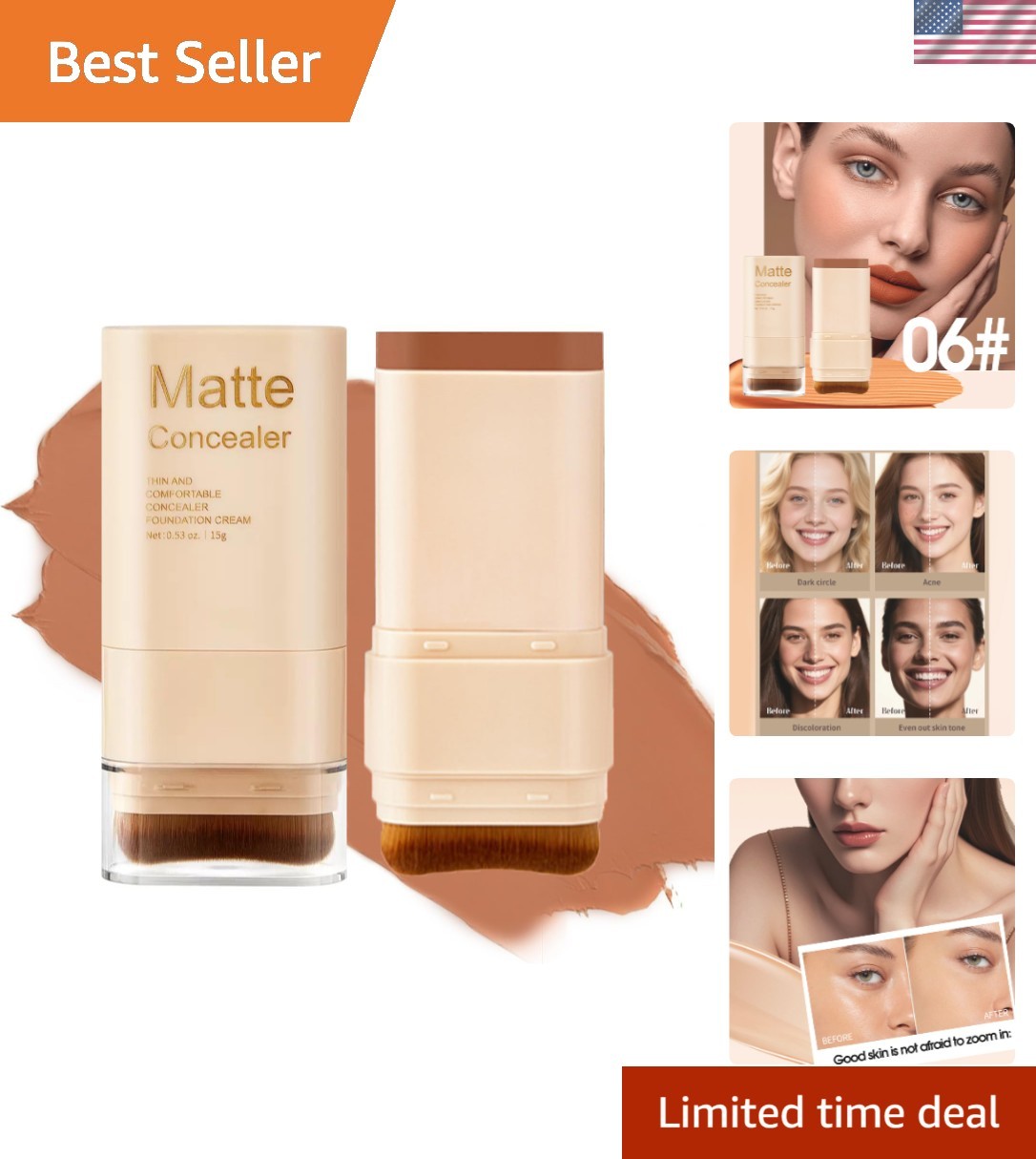 Hydrating 2-in-1 Cream Foundation Stick with Concealer Brush – Medium Coverage