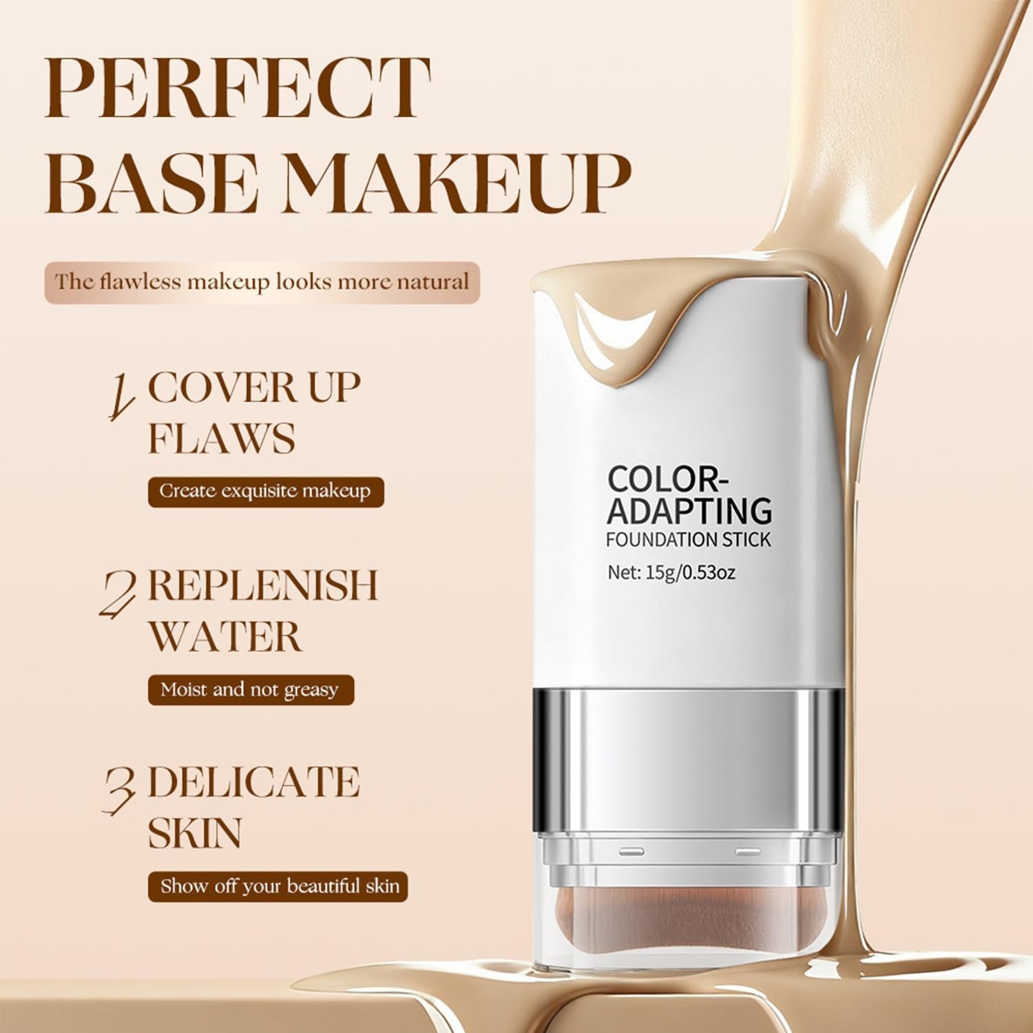 Color-Changing Foundation Stick with Precision Brush – Full Coverage, Waterproof