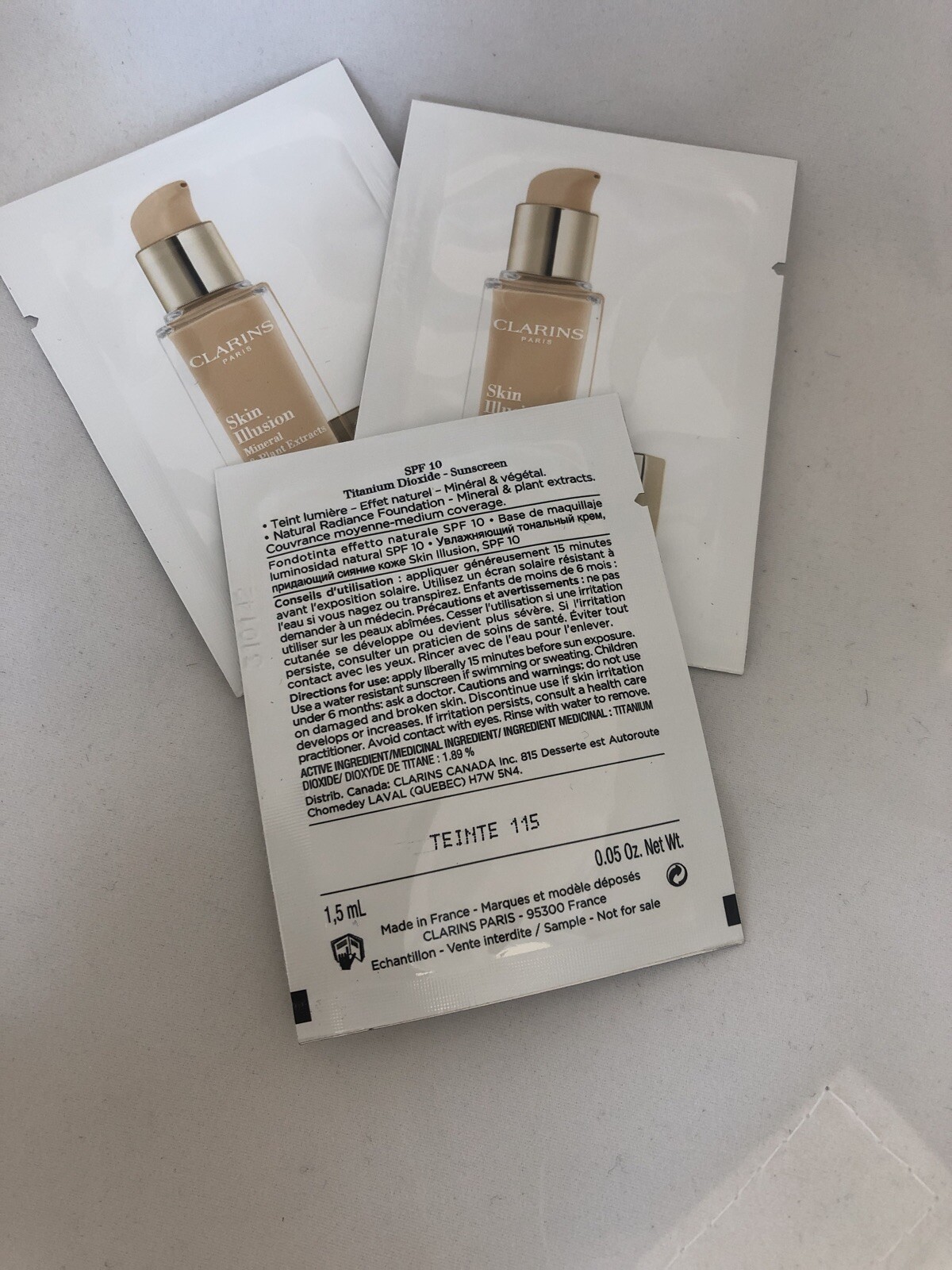Lot/3 CLARINS Skin Illusion Natural Radiance Foundation 115 COGNAC Sample SPF 10
