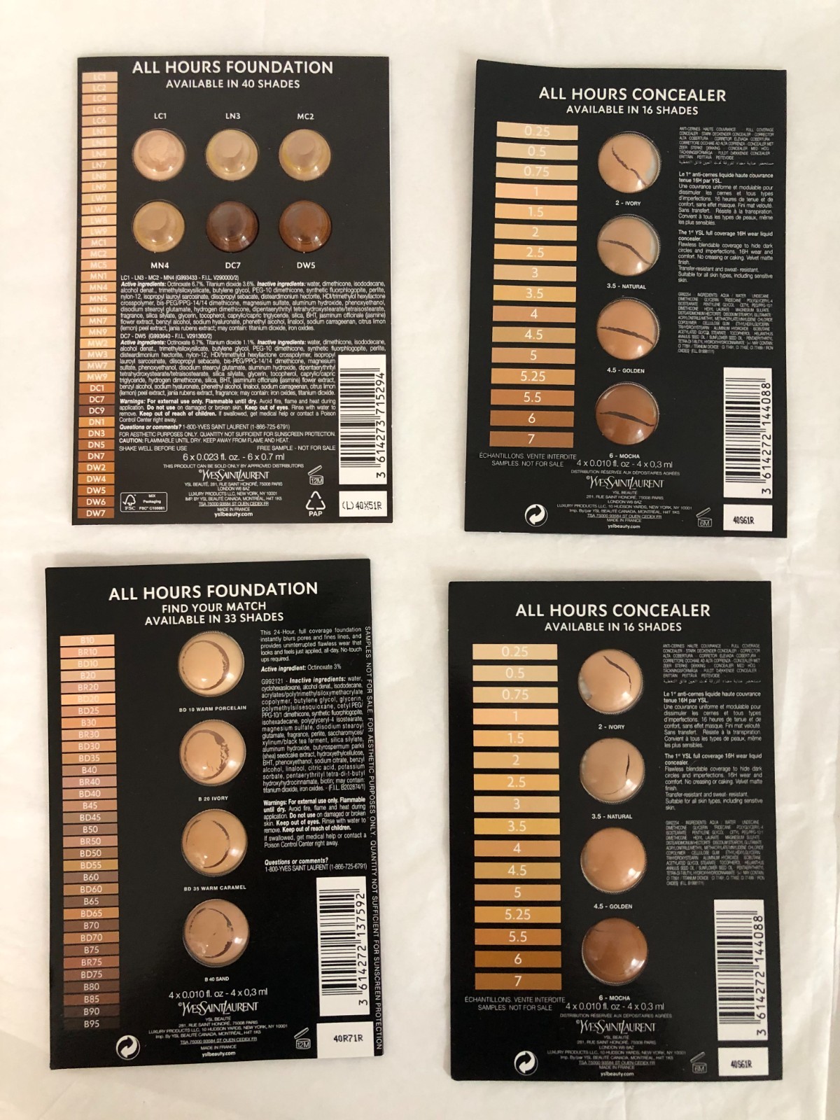 4 cards YSL Yves Saint Laurent ALL HOURS FOUNDATION + CONCEALER