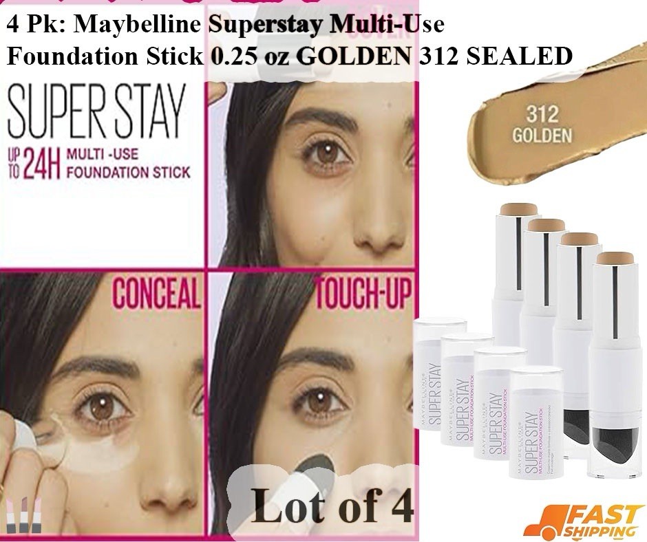 Lot Of 4 Maybelline Superstay Multi-Use Foundation Stick 0.25 oz GOLDEN 312