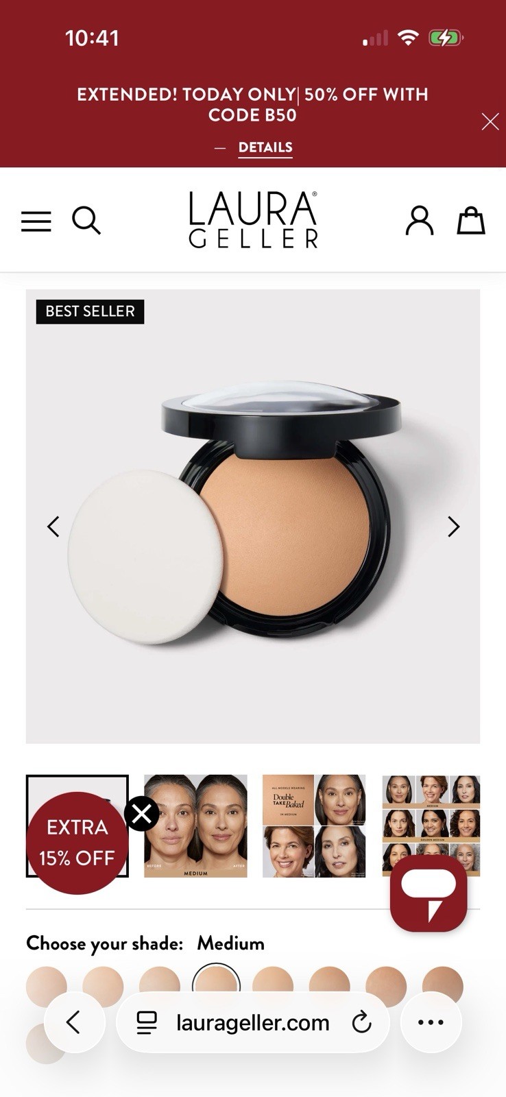 Laura Geller Double Take Bake Versatile Powder Foundation MEDIUM .35oz /10g FULL