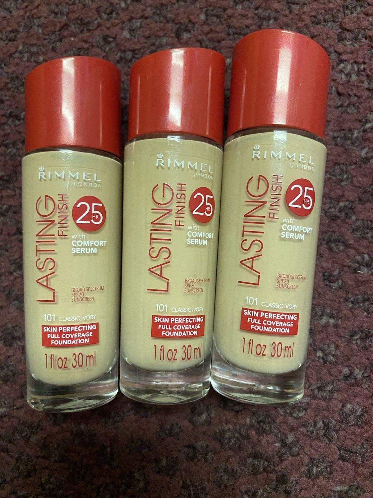 3x Rimmel Lasting Finish 25 hr Foundation with Comfort Serum #101-Classic Ivory