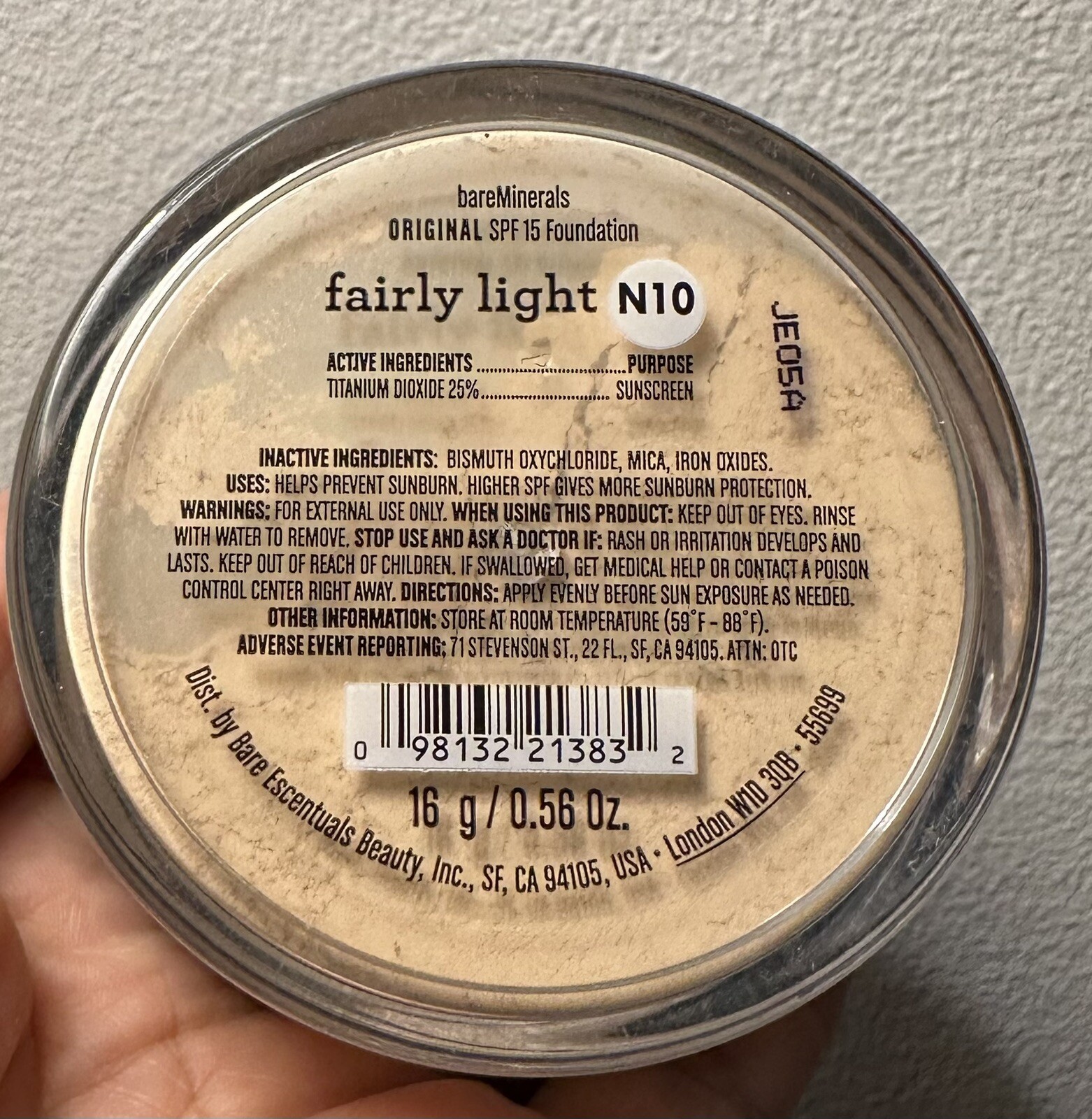 Bareminerals Foundation SPF 15 ” Fairly Light N10” Jumbo ( 16g ) New
