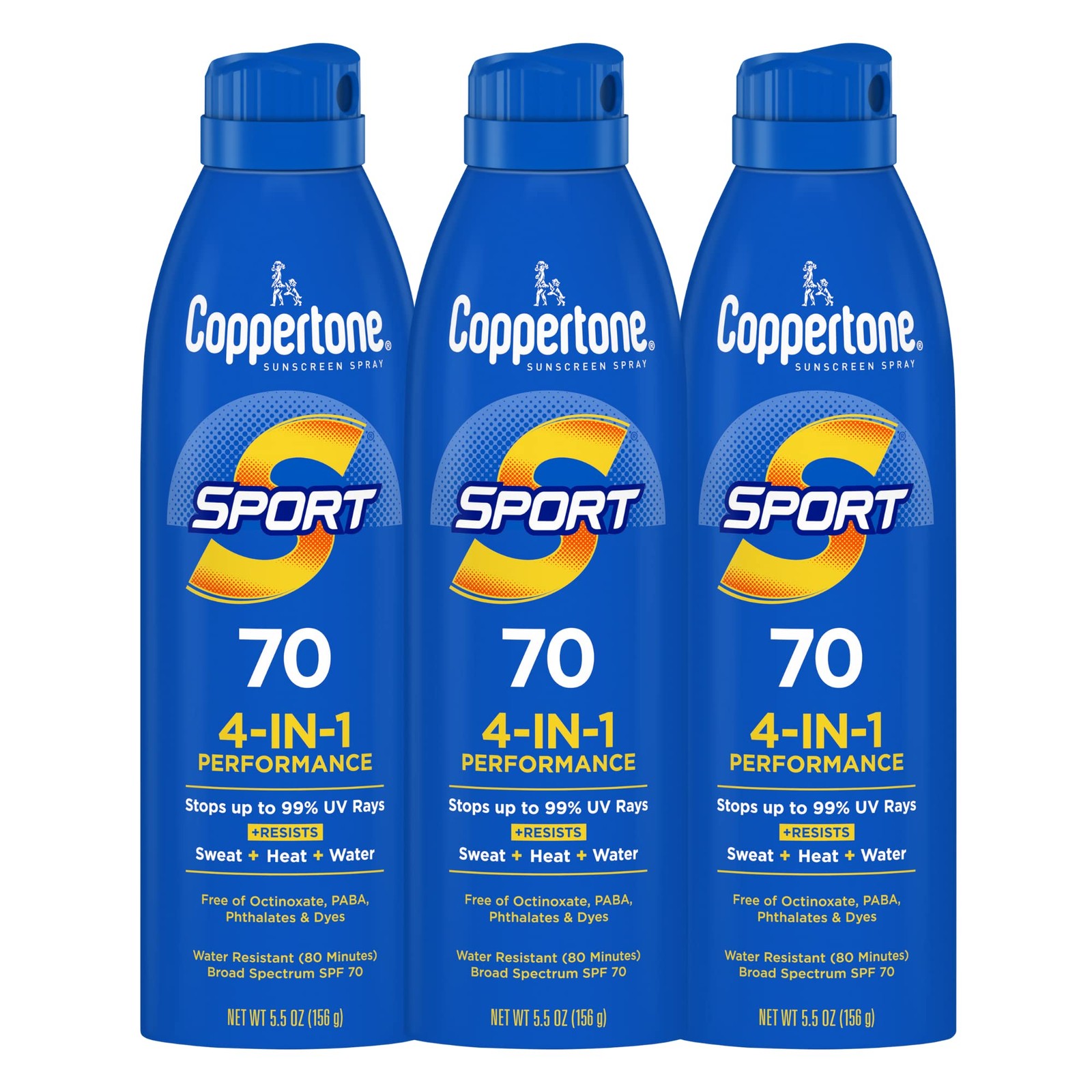 Coppertone SPORT Sunscreen Spray SPF 70, Water 5.5 Ounce (Pack of 3), Blue