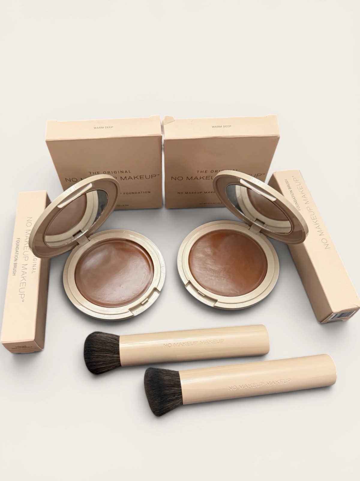 The Original No Makeup Makeup WARM DEEP cream LOT 2 Foundation & Brushes Damaged