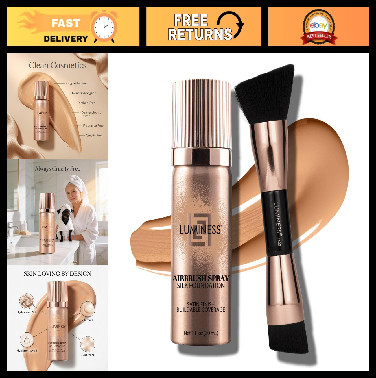 Silk Airbrush Spray Foundation Kit with Dual-Sided Brush – Buildable, Hydrating,