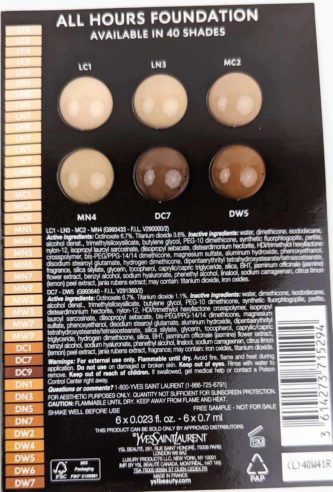 Yves Saint Laurent All Hours Foundation 6-Shade Sample Card