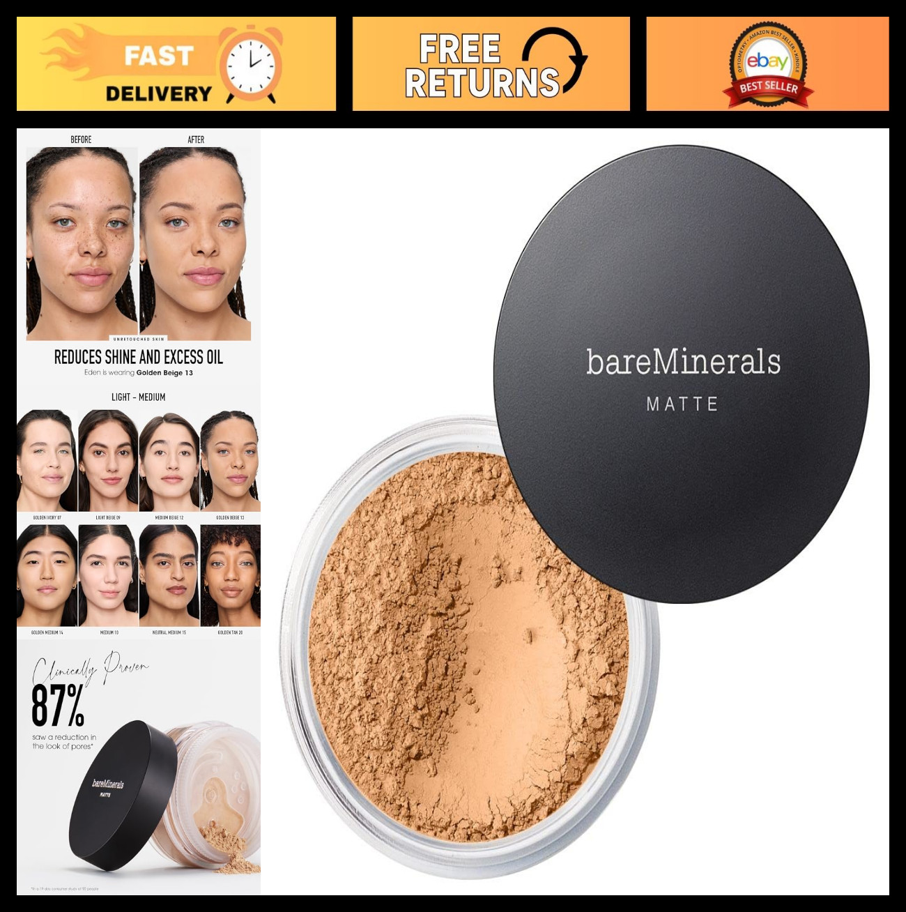Matte Loose Powder Foundation SPF 15 – Clean Mineral Makeup, Sheer-to-Full Cover