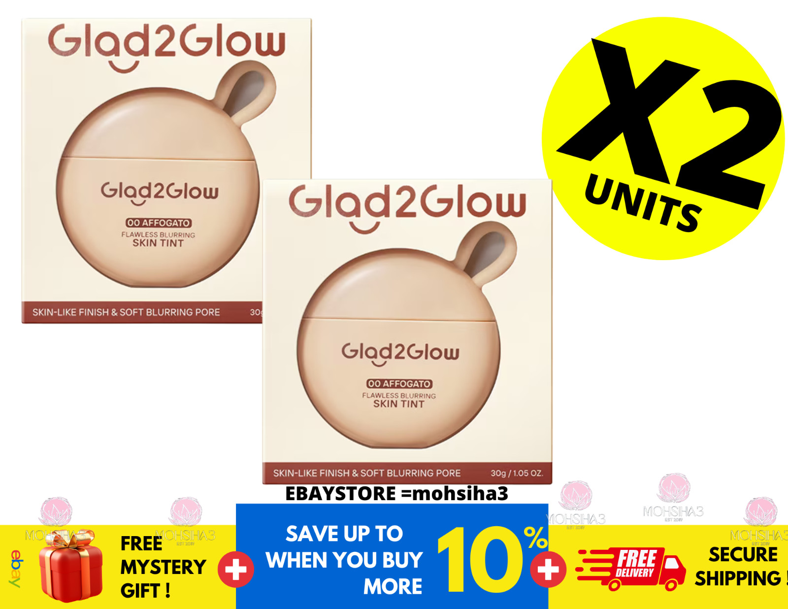 Glad2Glow FLAWLESS BLURRING SKIN TINT High Coverage Lightweight (00 Affogato) X2