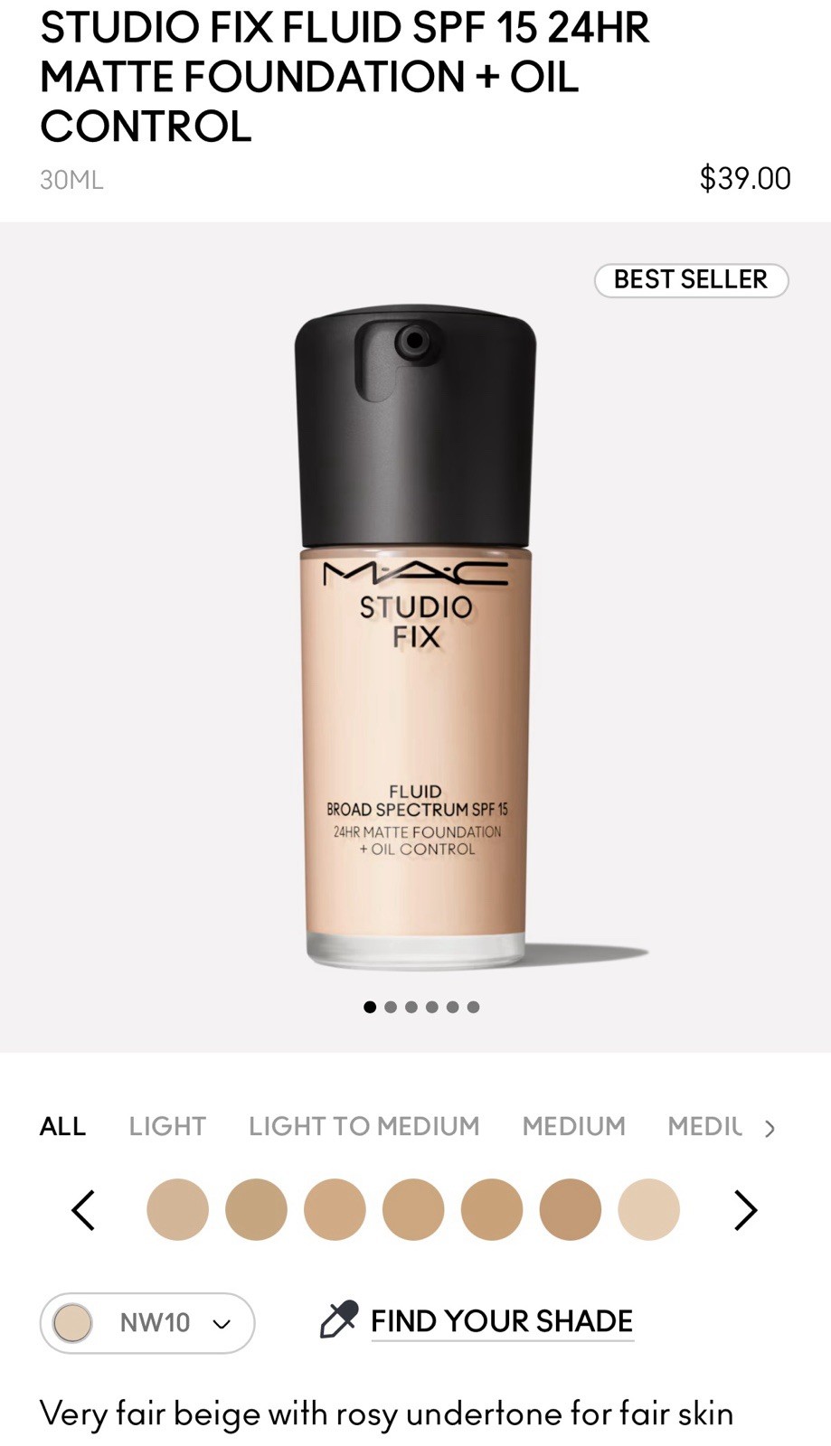 MAC Studio Fix Fluid SPF 15 Foundation, Shade NW10, Full Size 1oz/30ml, NIB