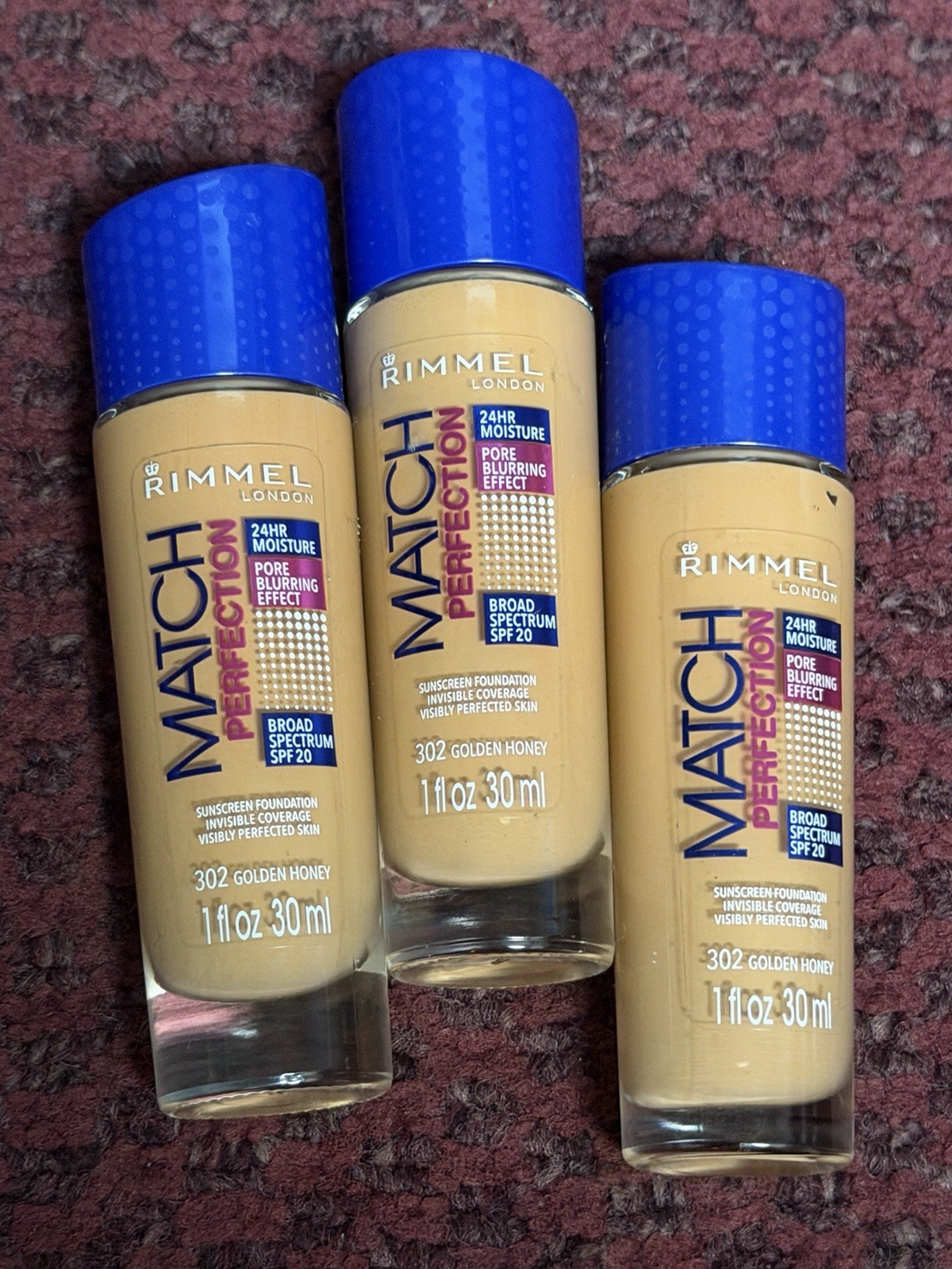 3x Rimmel London Match Perfection Foundation 1 oz each – 302 Golden Honey