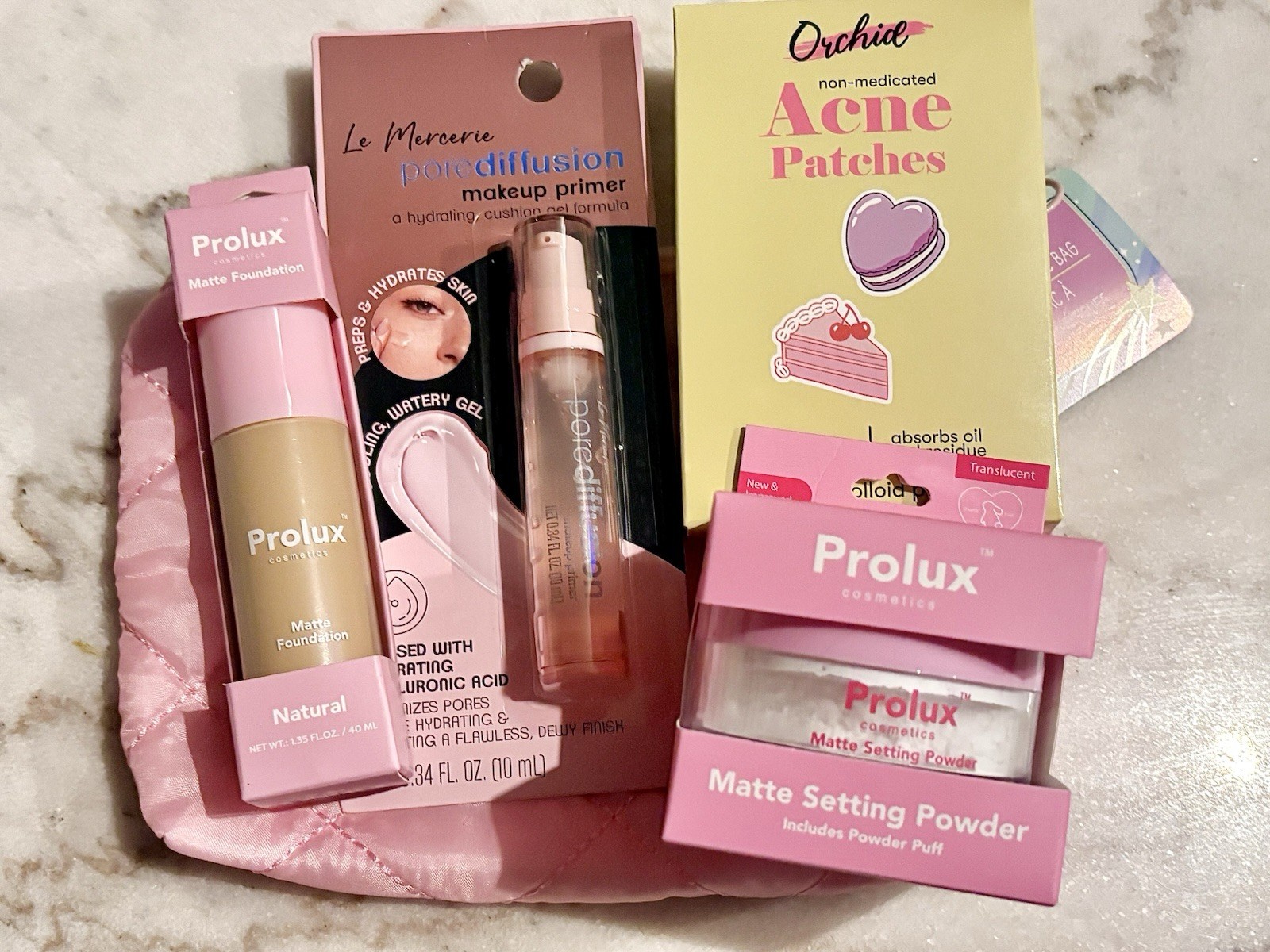 Prolux Cosmetics Matte Foundation & Powder, Pore Primer, Acne Patches & Bag