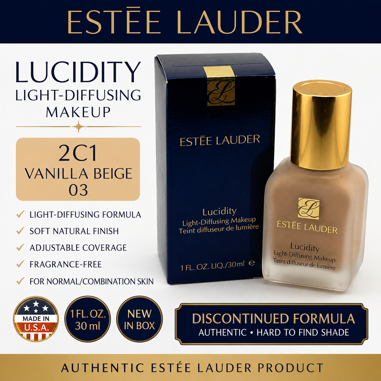Estee Lauder Lucidity Light-Diffusing Makeup Foundation 2C1 Vanilla Beige 03 NEW