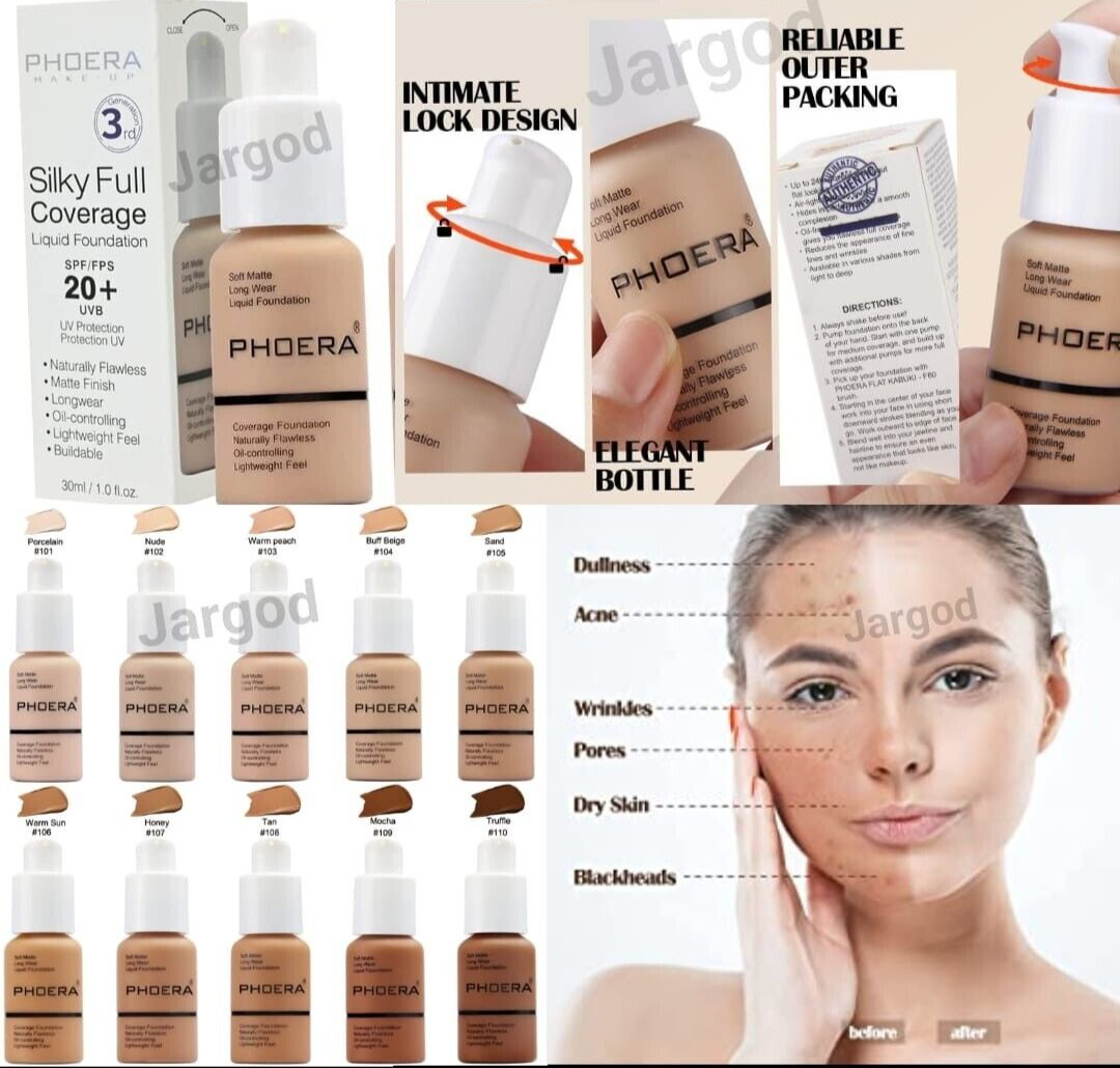 Phoera Foundation Makeup Full Coverage Liquid Base Brighten Long Lasting Shade