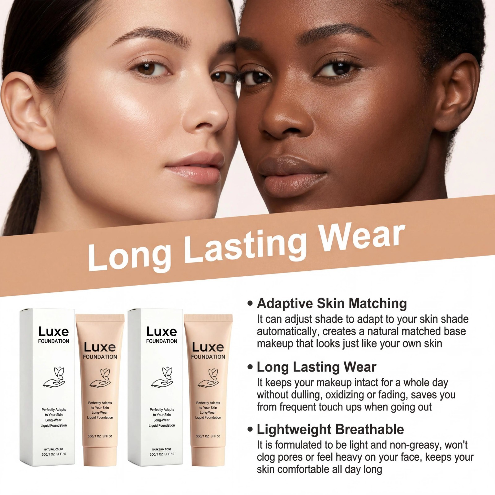 30g Luxe Foundation Colour Changing SPF 50, Luxe Foundation For Mature Skin