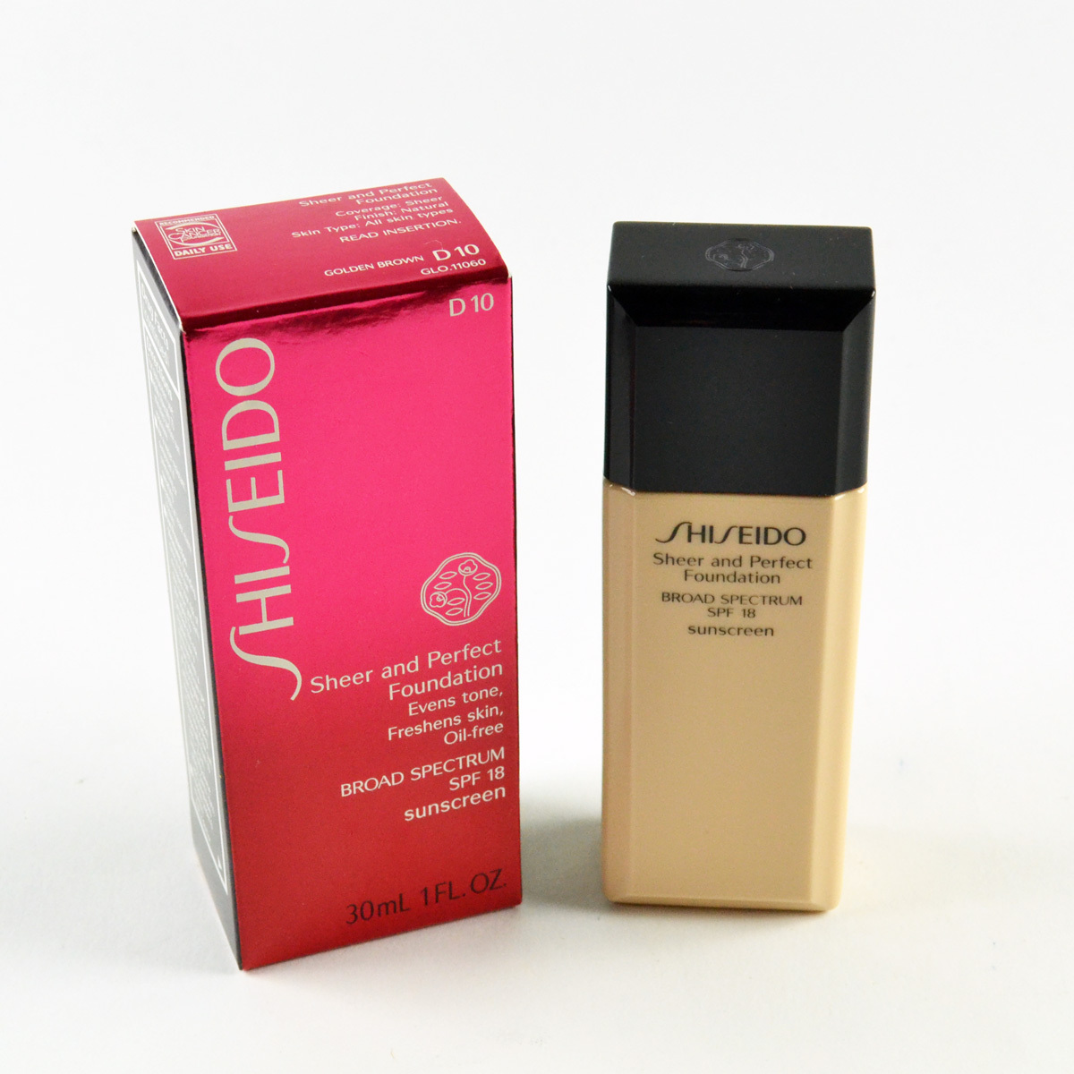 Shiseido Sheer & Perfect Foundation SPF18 D10 / D 10 Golden Brown – 1 Oz. / 30mL