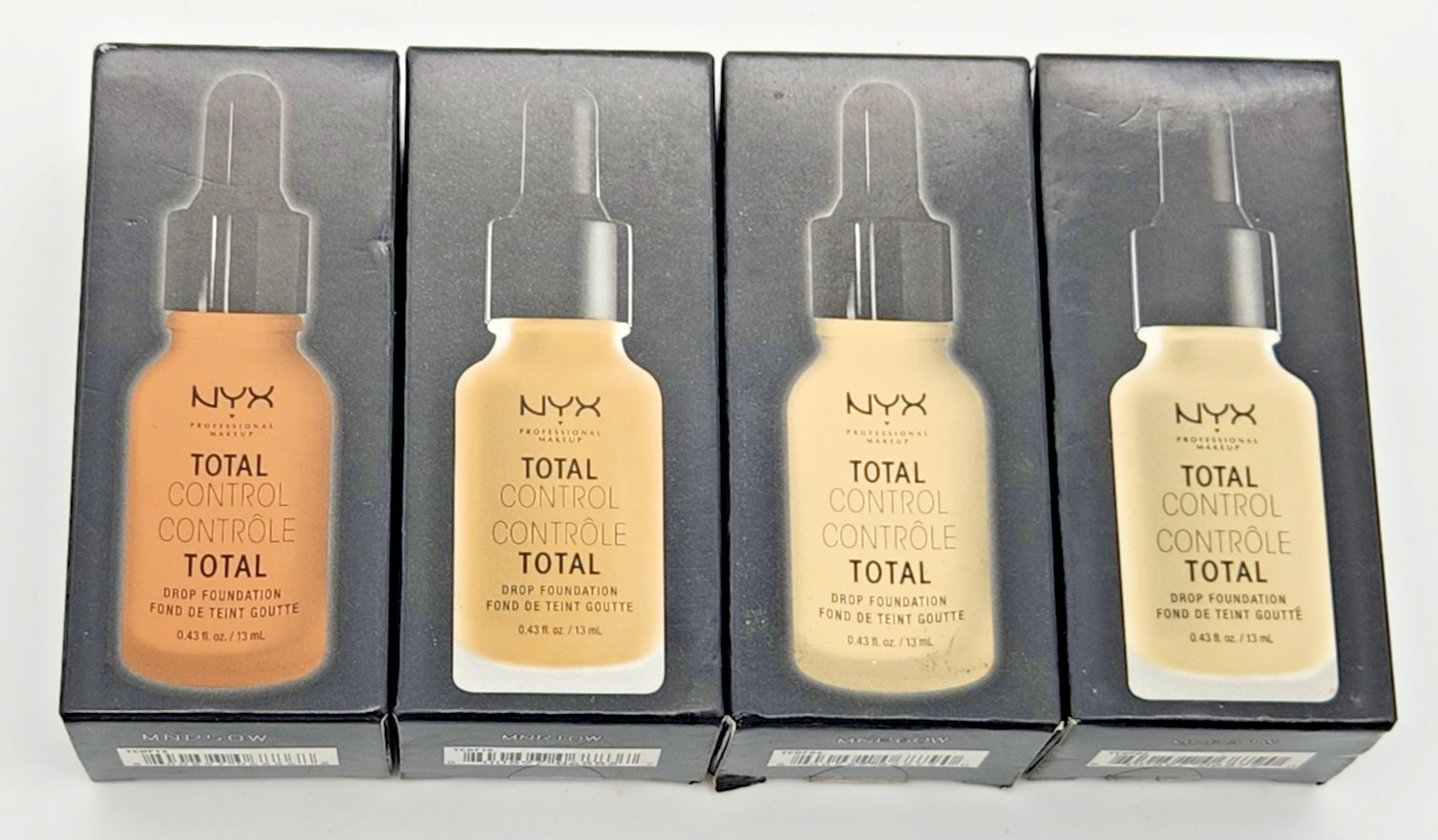 Lot of 4 NYX Total Control Drop Foundation TCDF06-Vanilla; TCDF10-Buff; TCDF13-G