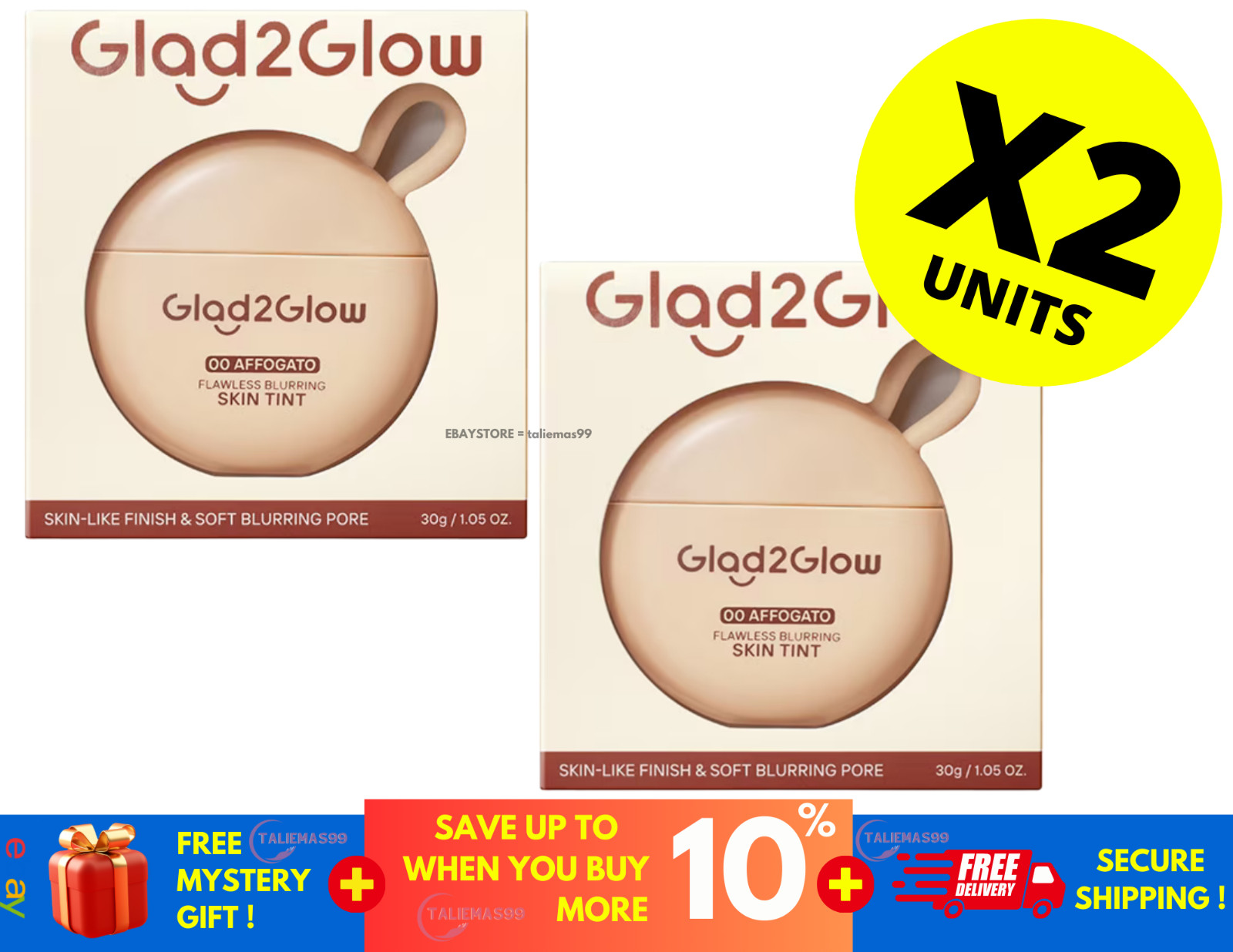 Glad2Glow FLAWLESS BLURRING SKIN TINT High Coverage Lightweight (00 Affogato) X2