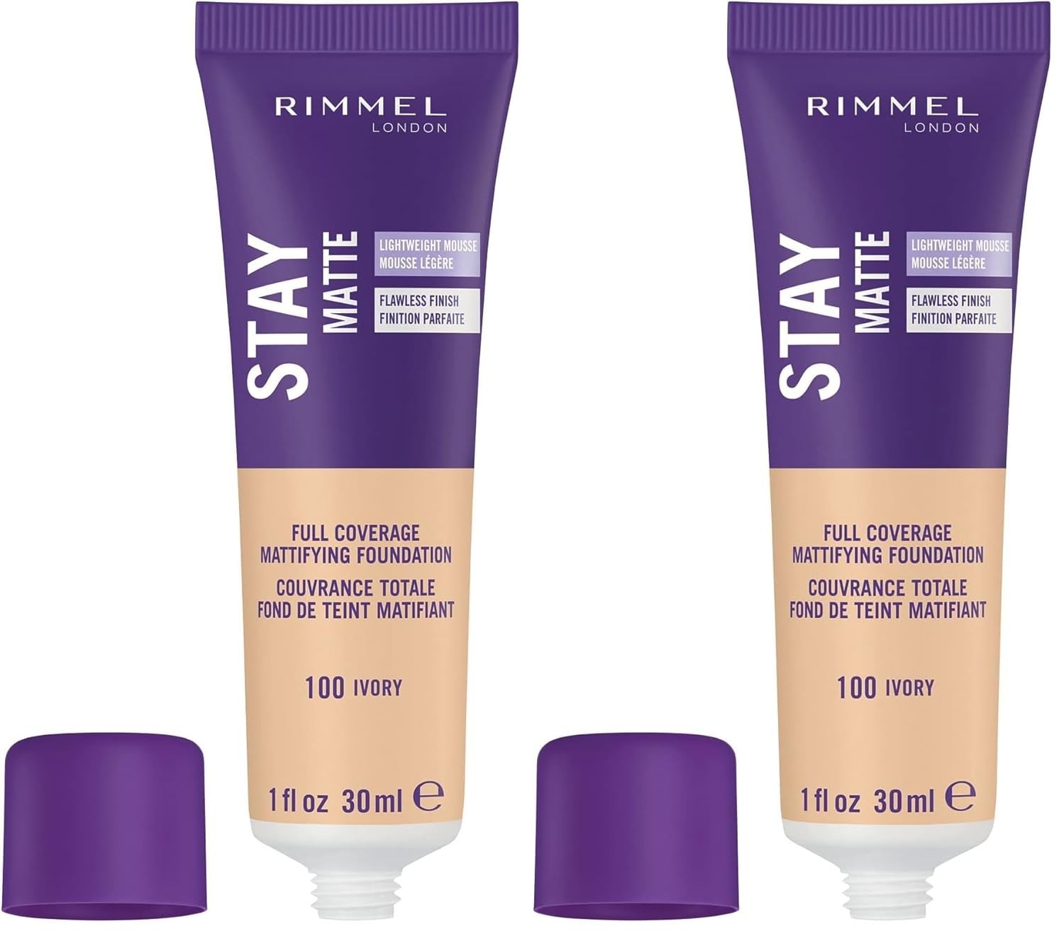 Rimmel London Stay Matte Liquid Foundation Mousse, 100 Ivory Foundation, 2 Pack