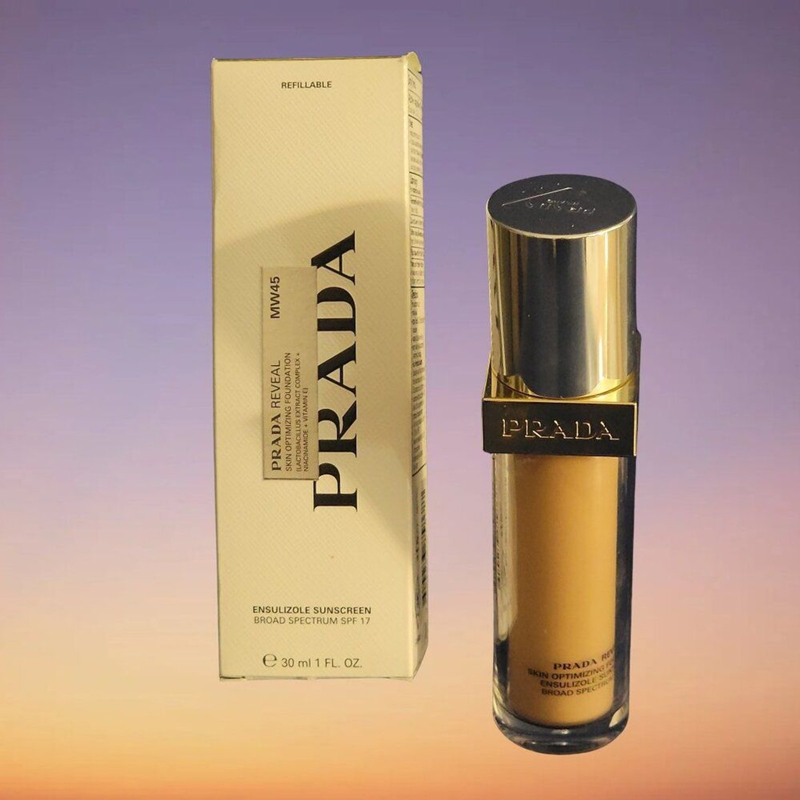 Prada Reveal MW45 Foundation Makeup Refillable NIB SPF 17 Warm Undertones