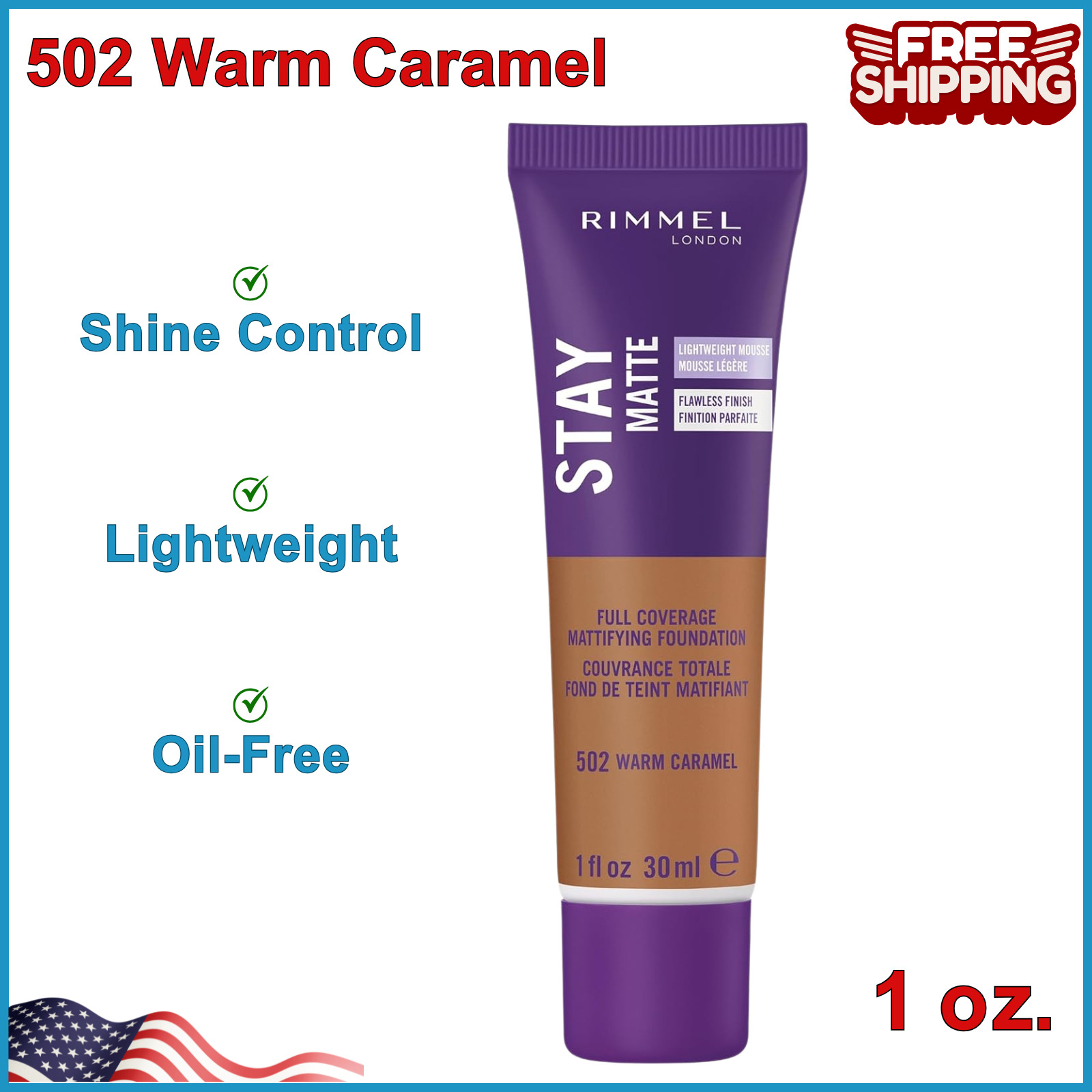 Rimmel London Stay Matte Liquid Mousse, 502 Warm Caramel Foundation, Lightweight