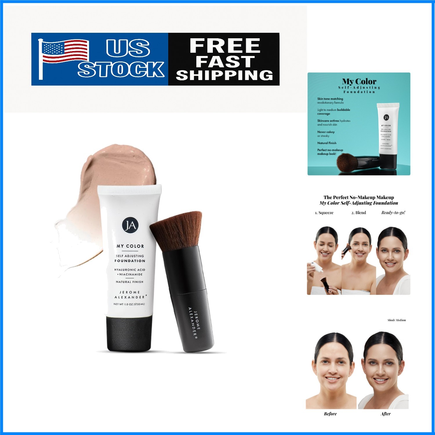 My Color Self-Adjusting Foundation – Hydrating Makeup with Kabuki Brush, Medium