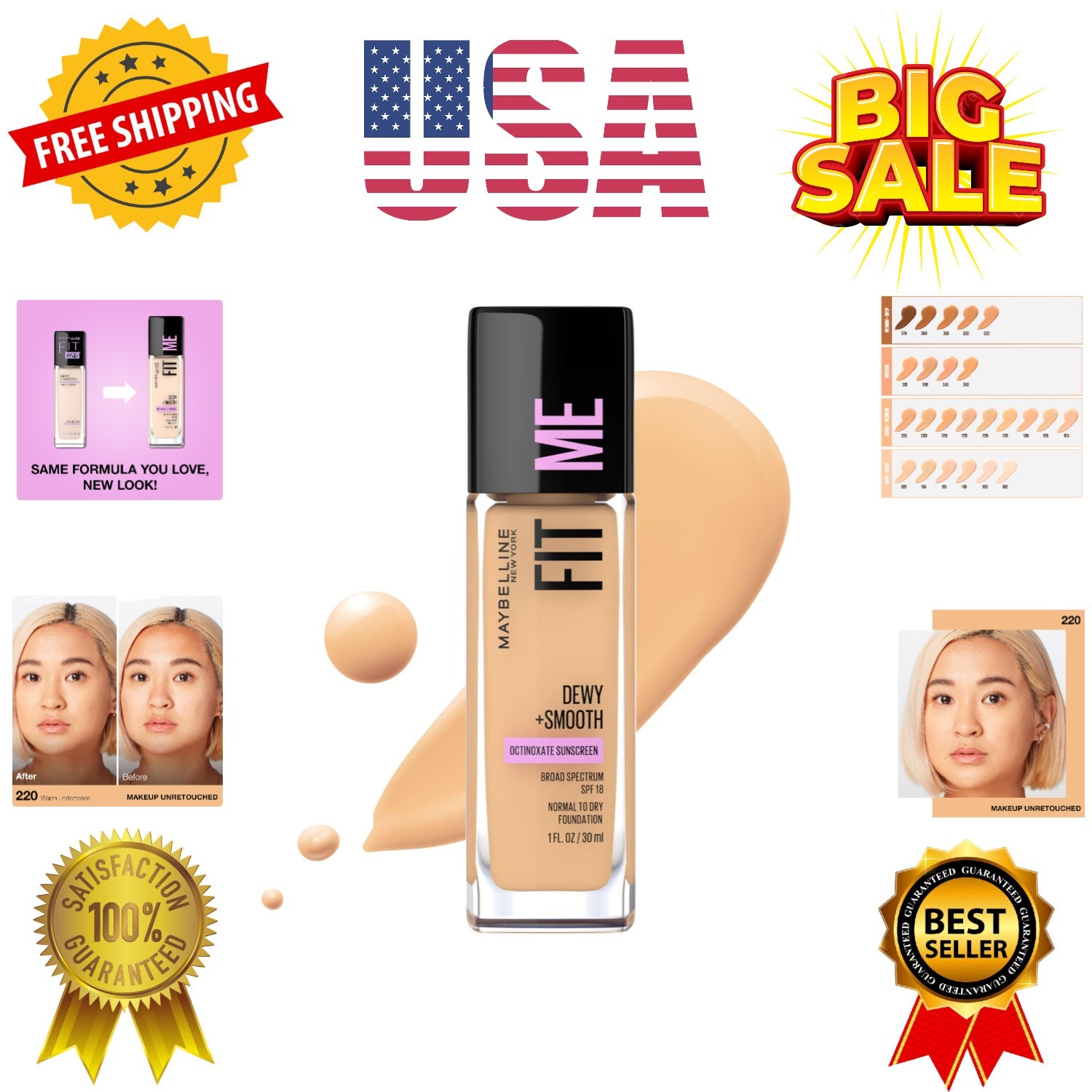 Fit Me Dewy + Smooth Liquid Foundation Makeup, Natural Beige, 1 Count Packagi…