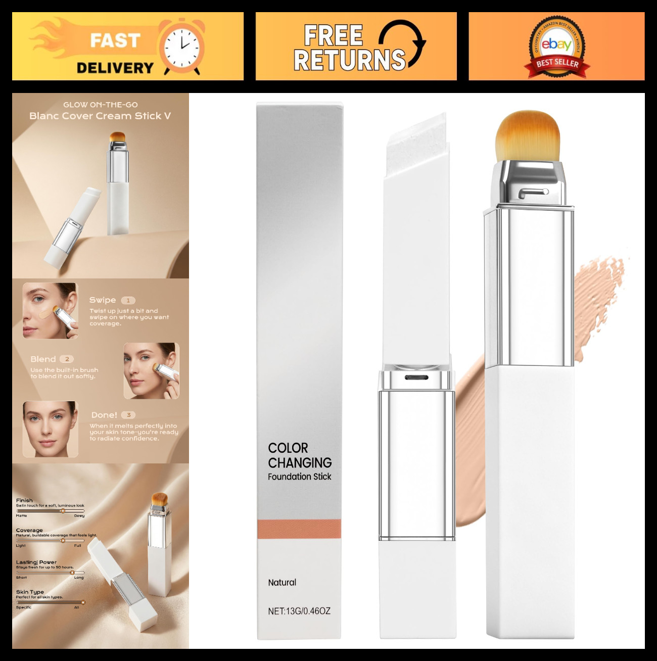 2-in-1 Color Changing Foundation Stick – Hydrating Concealer & Makeup, Dual-Ende
