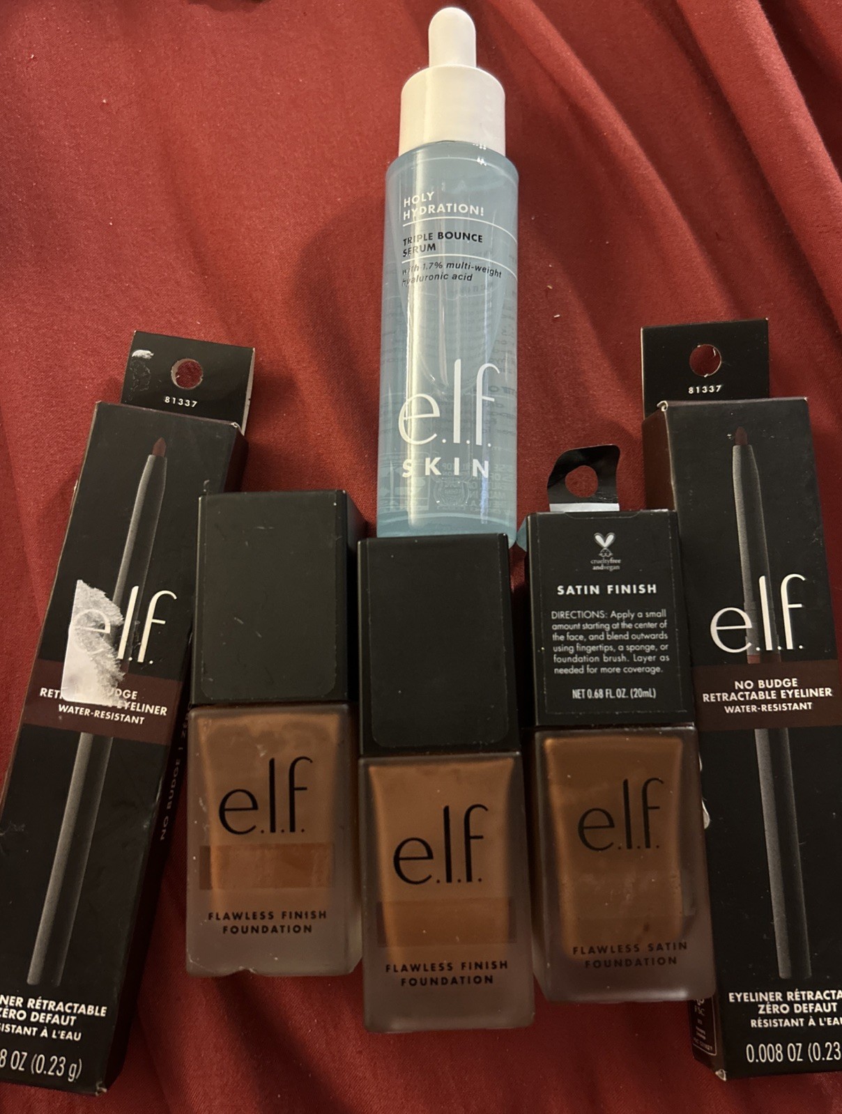 ELF Bundle (6) Foundation Chocolate Eyeliner Coffee, Holy Hydration Triple Serum
