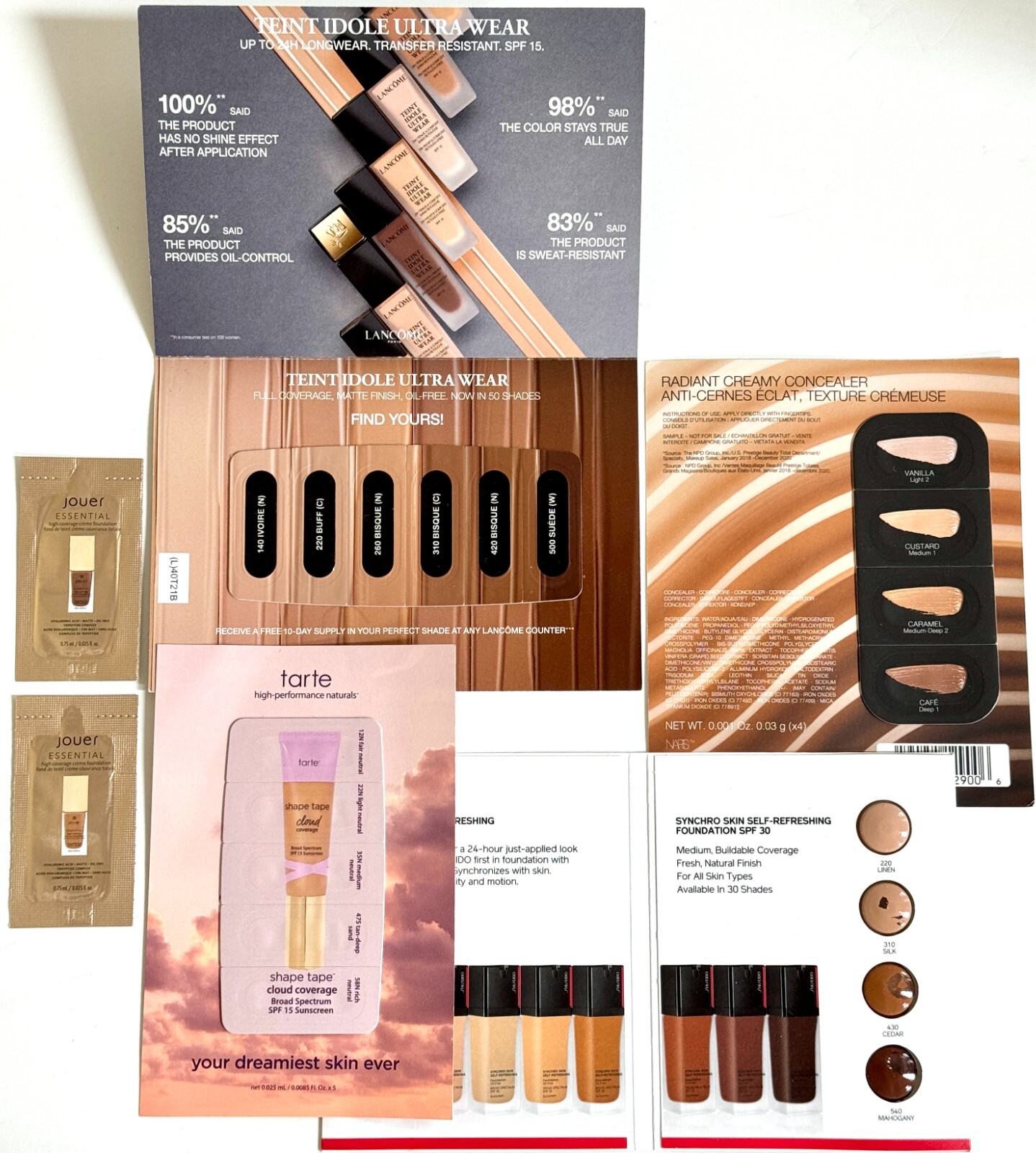 Assorted Sample Set Card Lot x9 Foundation Concealer NAKED NARS Jouer Shiseido