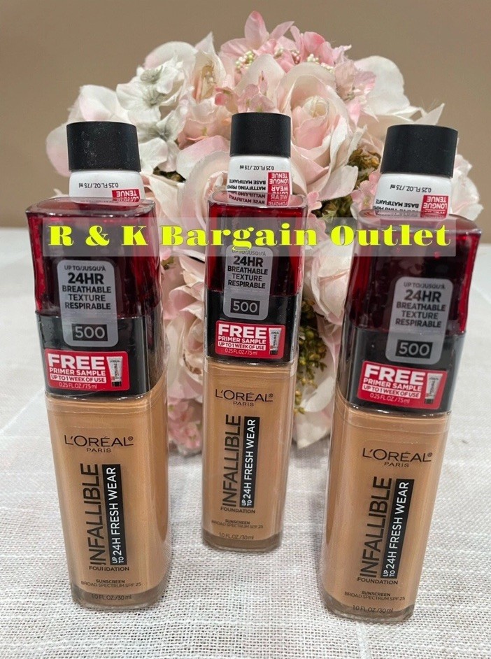 L’OREAL 24H Fresh Wear Foundation W/ Face Primer 500 Honey Bisque 1oz Ea 3pcs