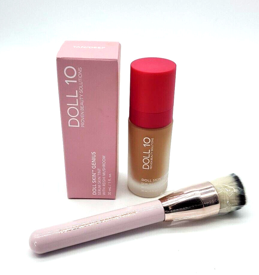 Doll 10 Skin Genius Serum Skin Tint w Reishi Mushroom TAN/DEEP & Buffing Brush