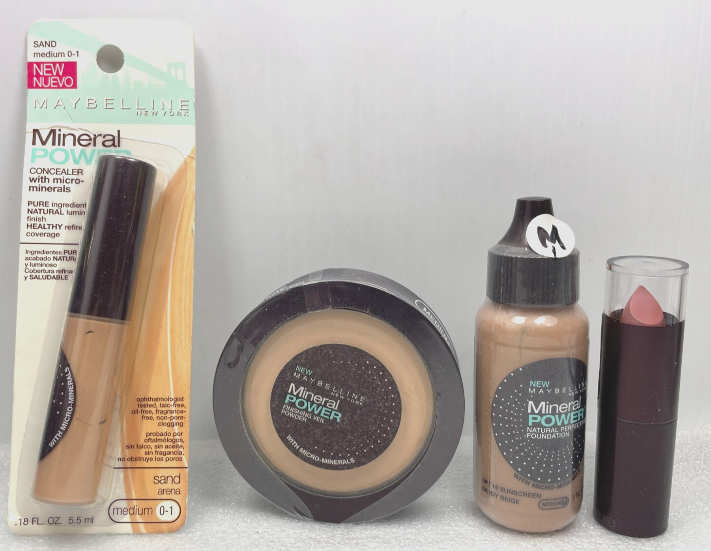 MAYBELLINE MINERAL POWER Foundation, Veil MEDIUM, Concealer SAND, + Lipstick